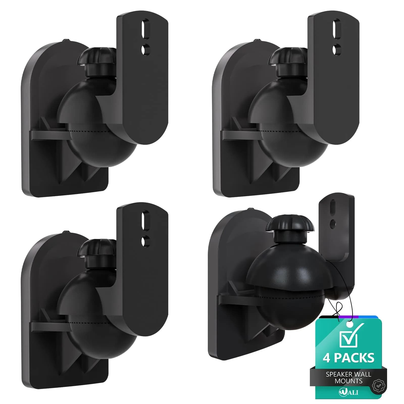 WALI Black 4 Pack Speaker Wall Mount Brackets | 3.5 kg (7.7 Lbs) Capacity, 70° Swivel, 20° Tilt - main product image