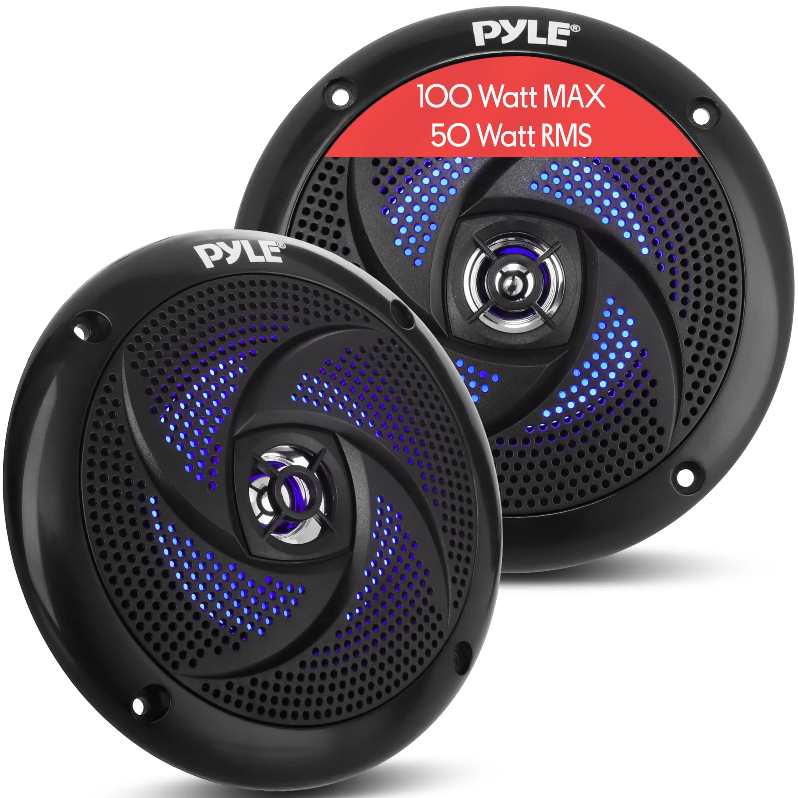 Pyle Waterproof Rated Marine Speakers 4'' 2-Way 100W Pair | Weather-Resistant Outdoor Audio Stereo Sound System with Blue LED Lights