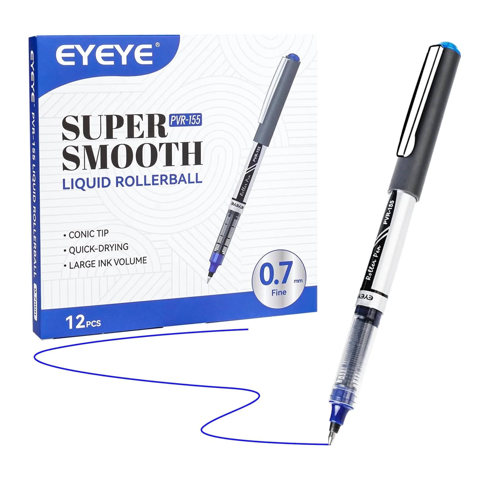 EYEYE 0.7mm Blue Rollerball Pens 12 Pack | Quick Dry Liquid Ink for Precise Writing - main product image