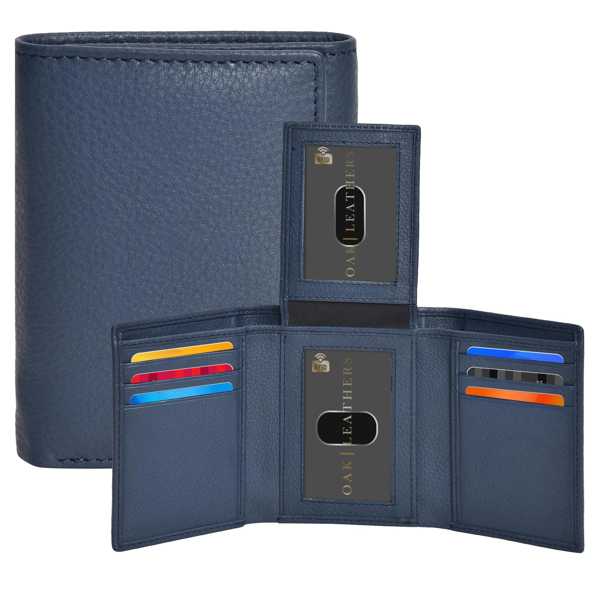 Oak Leathers Trifold Wallet for Men Blue RFID Blocking Slim with ID Window, Gift Box 12.7cm x 13.2cm (5" x 5.2") - main product image