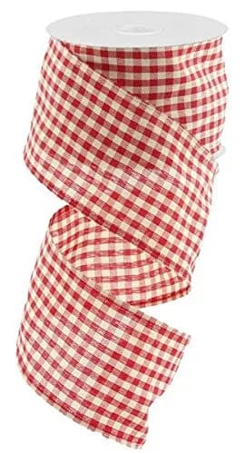 Craig Bachman Primitive Gingham Check Wired Edge Ribbon 2.5" | 10 Yards, Red & Beige
