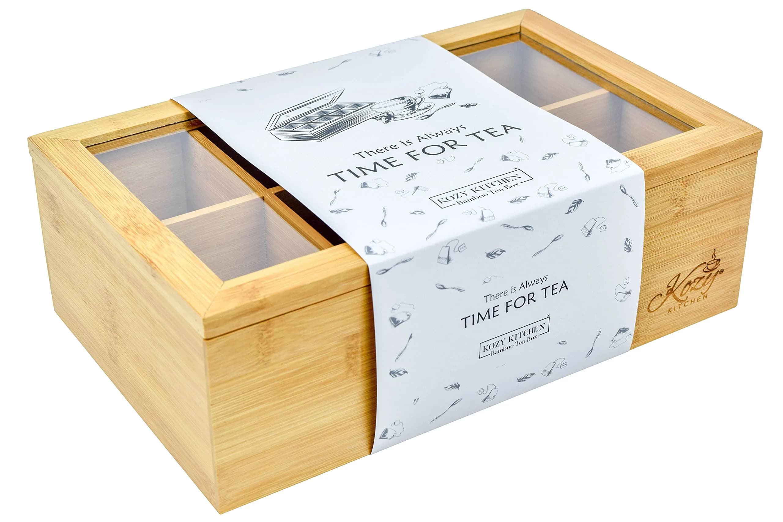 Kozy Kitchen Tea Box Storage Organizer | Large 8-Compartments Bamboo Tea Chest with Clear Hinged Lid, Wooden Finish - main product image
