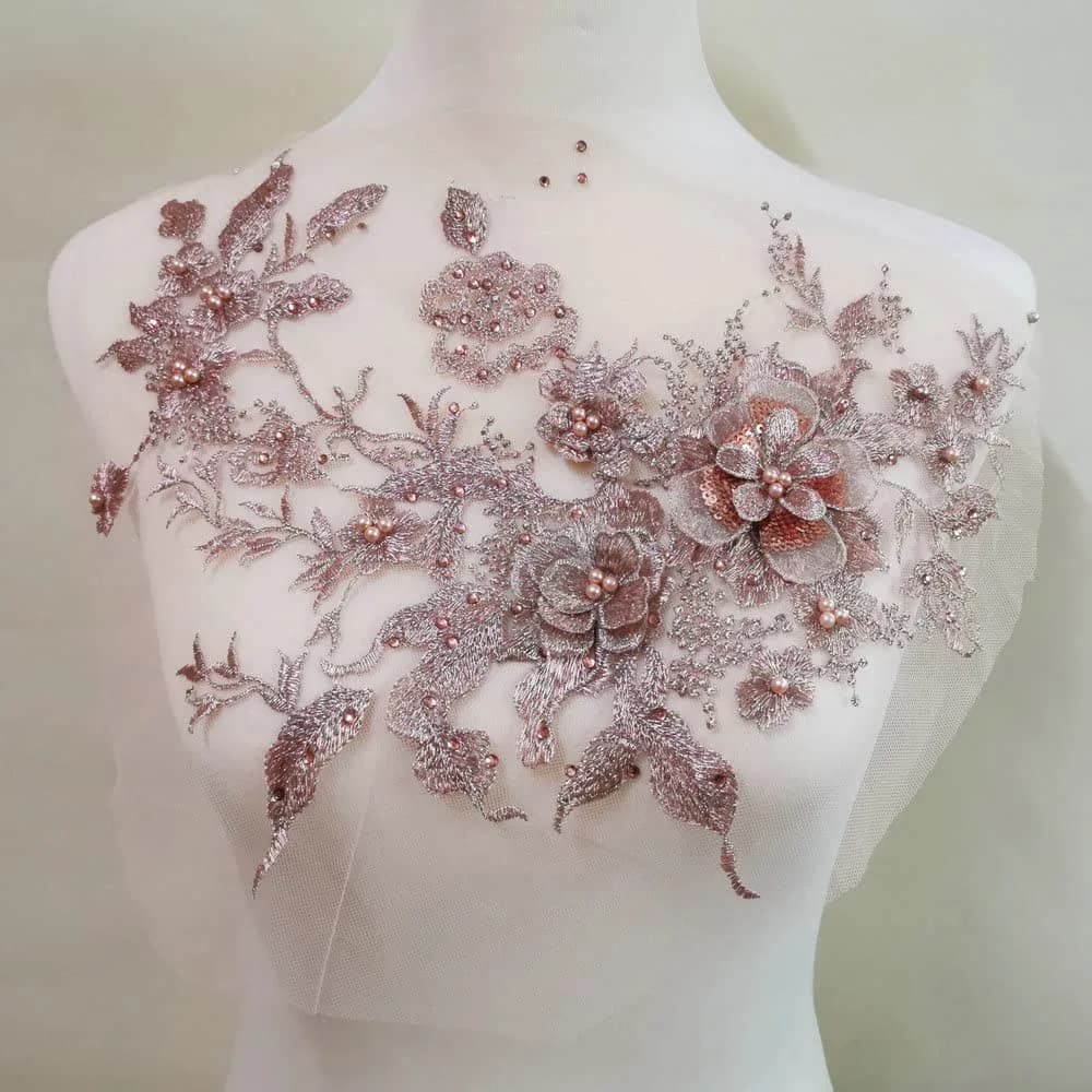 FEEPOP 3D Embroidered Flower Applique Patch 35cm x 28cm (13.8x11 inch) | Golden Lace Fabric DIY Decoration - main product image
