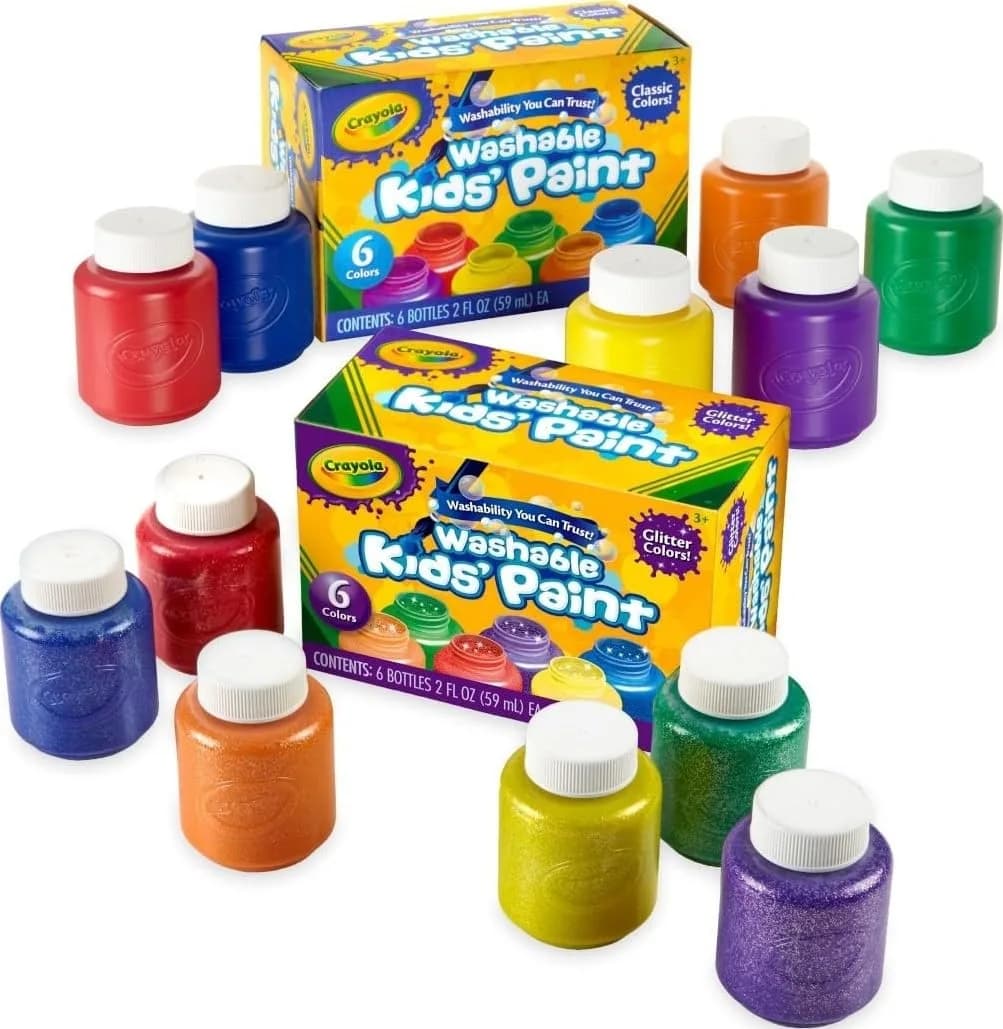 Crayola Washable Kids Paint Set (12 x 2oz Bottles) | Classic & Glitter Colors - main product image