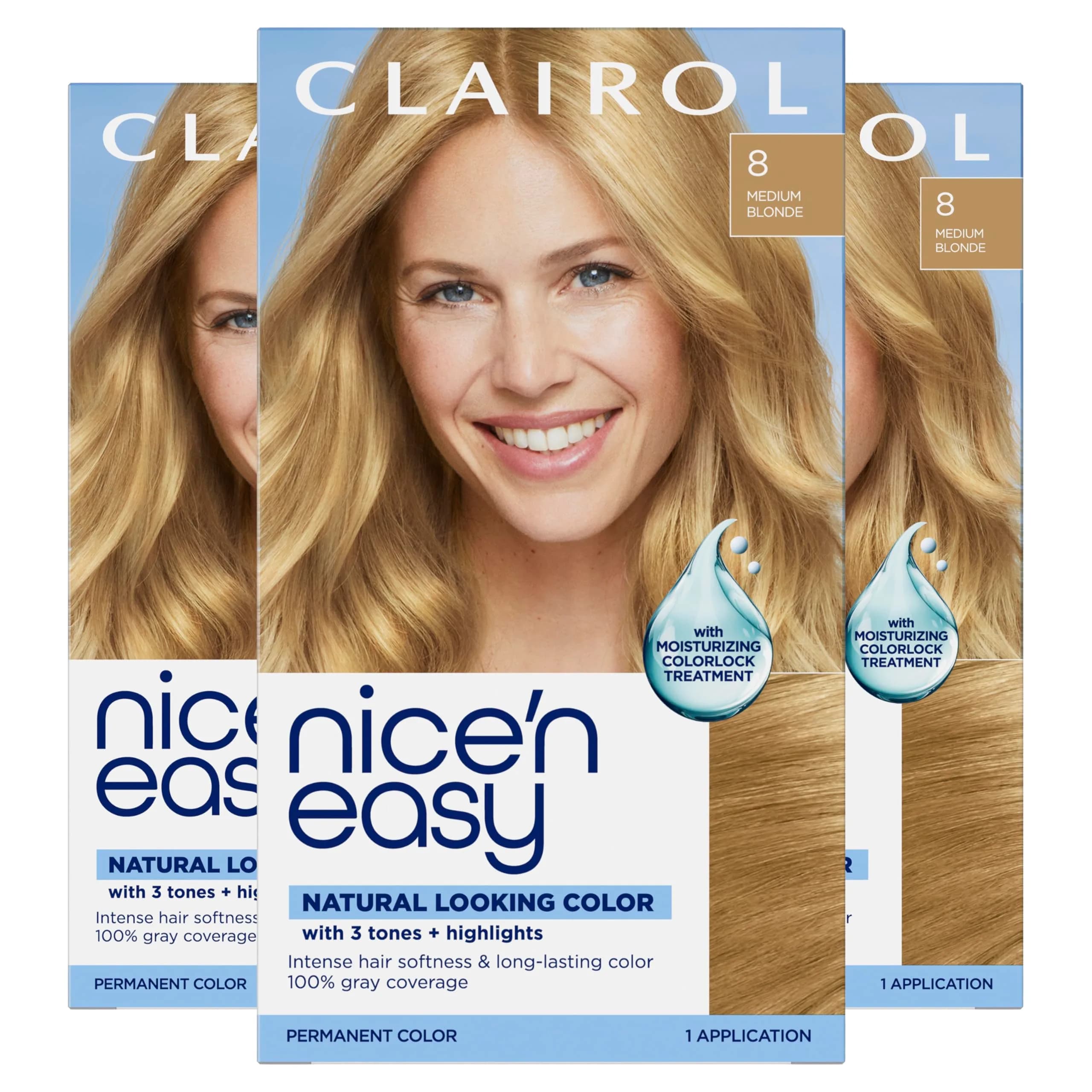 Clairol Nice'n Easy Permanent Hair Dye, 8 Medium Blonde (Pack of 3) | Natural Looking Color with 100% Gray Coverage - main product image