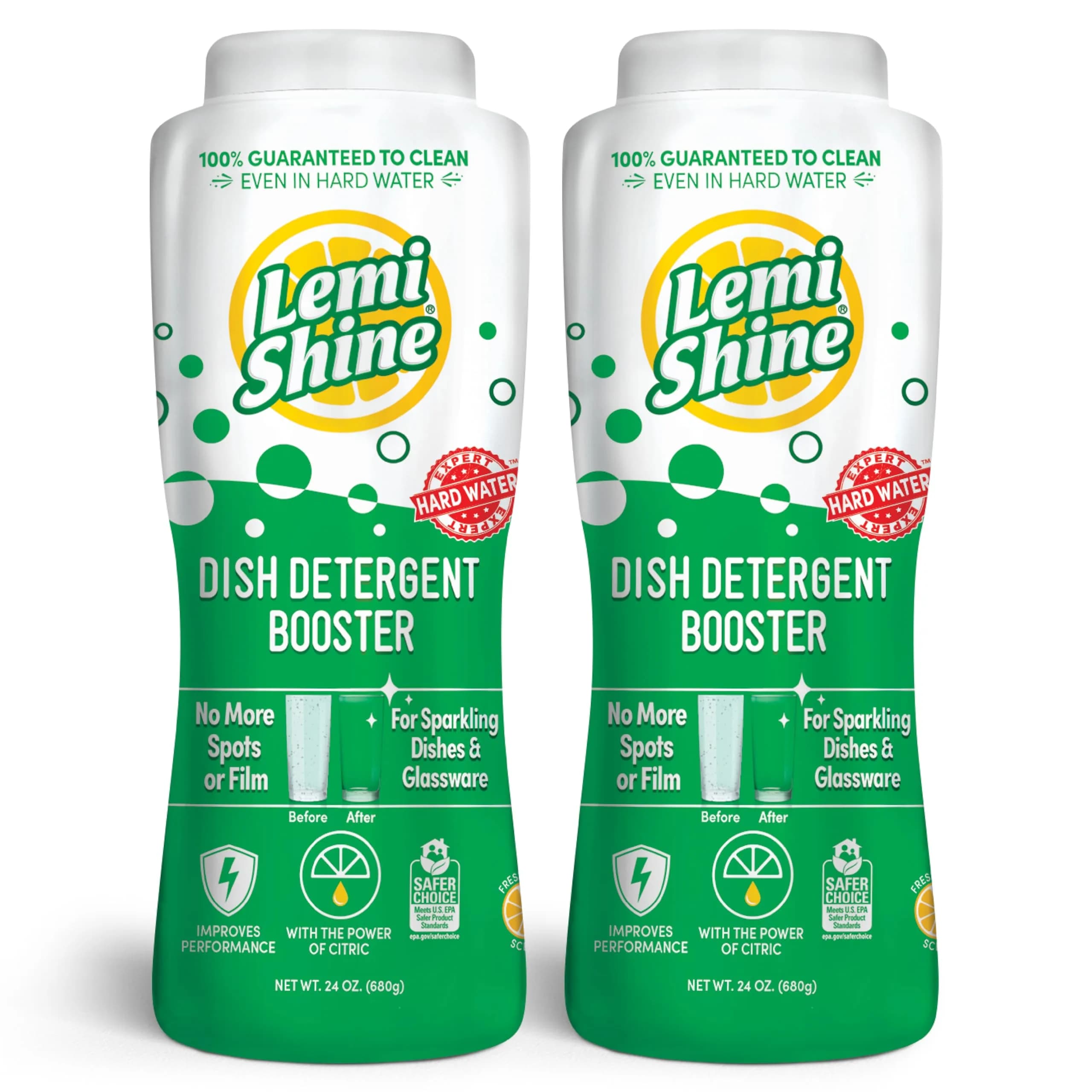Lemi Shine Natural Dish Detergent Booster - 24 oz (2 Pack) | Hard Water Spot Remover & Cleaner