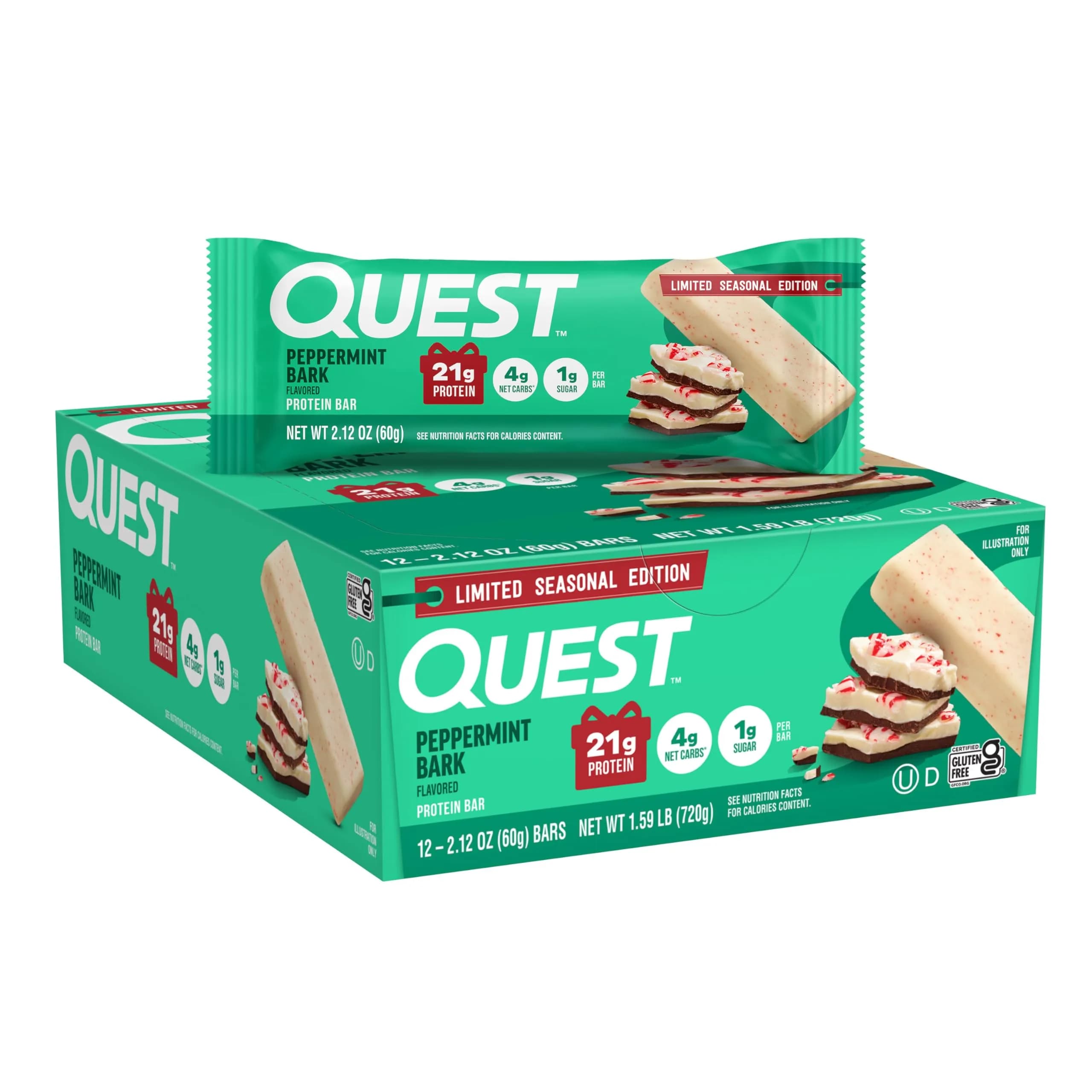 Quest Peppermint Bark Protein Bar 21g Protein, 4g Net Carb, 1g Sugar, Gluten Free (12 Count) - main product image
