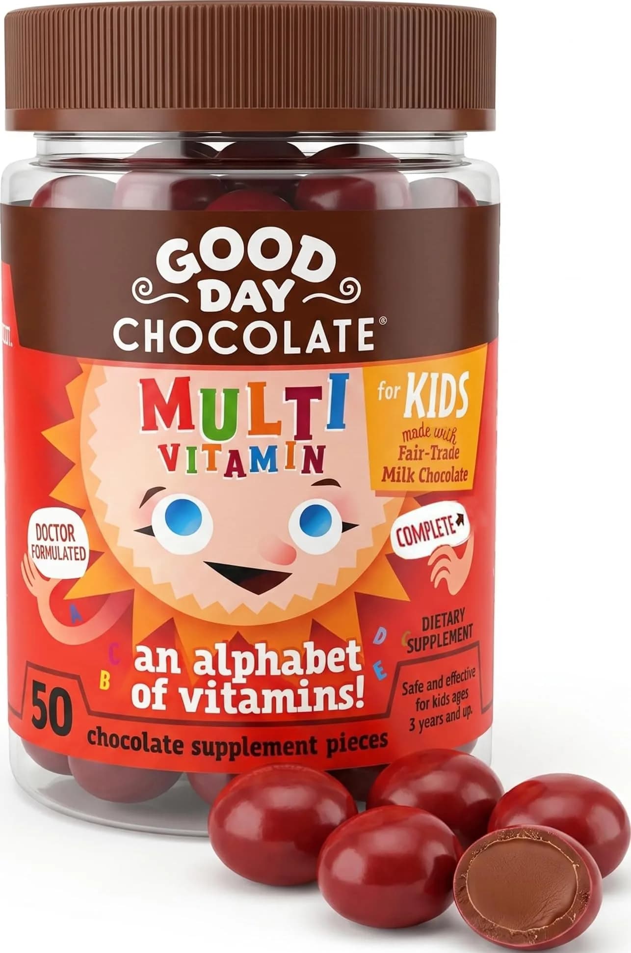 Good Day Chocolate Complete Multivitamin for Kids, 50 Pieces | Natural Chocolate Delivery of Vitamins A, B6, B12, C, D, E, Folate & Biotin