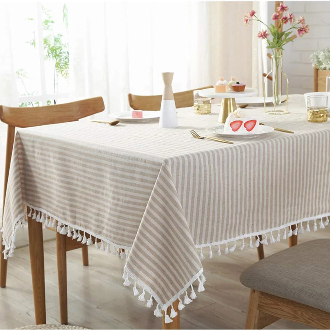 Bringsine Cotton Linen Tablecloth 55x55 Inch | Modern Stripe Tassel Design (70-120 chars) - main product image