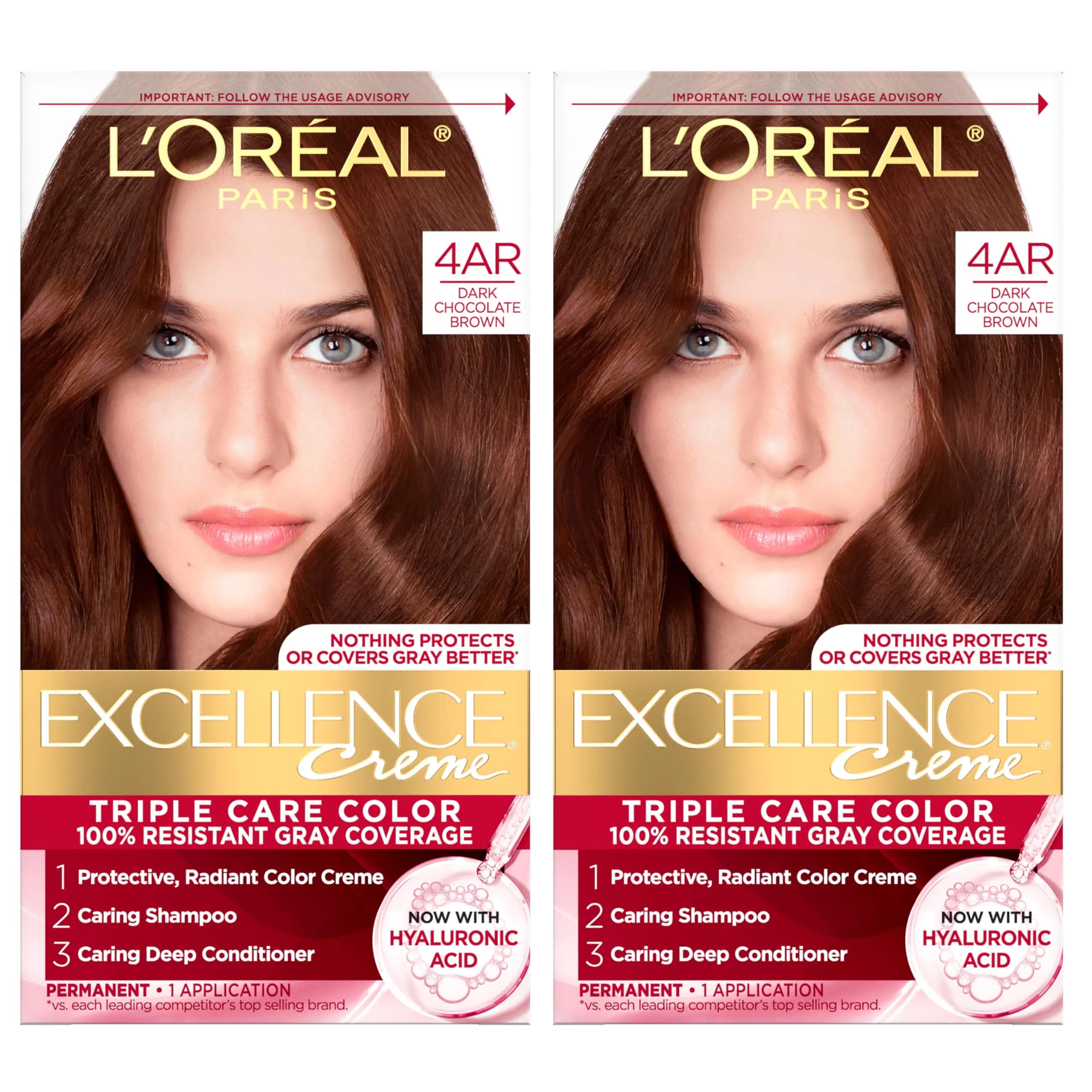 L'Oreal Paris Excellence Crème Permanent Hair Dye 4AR Dark Chocolate Brown, 2 Kits (156ml / 5.5 Fl Oz) | Triple Care Color with Hyaluronic Acid - main product image