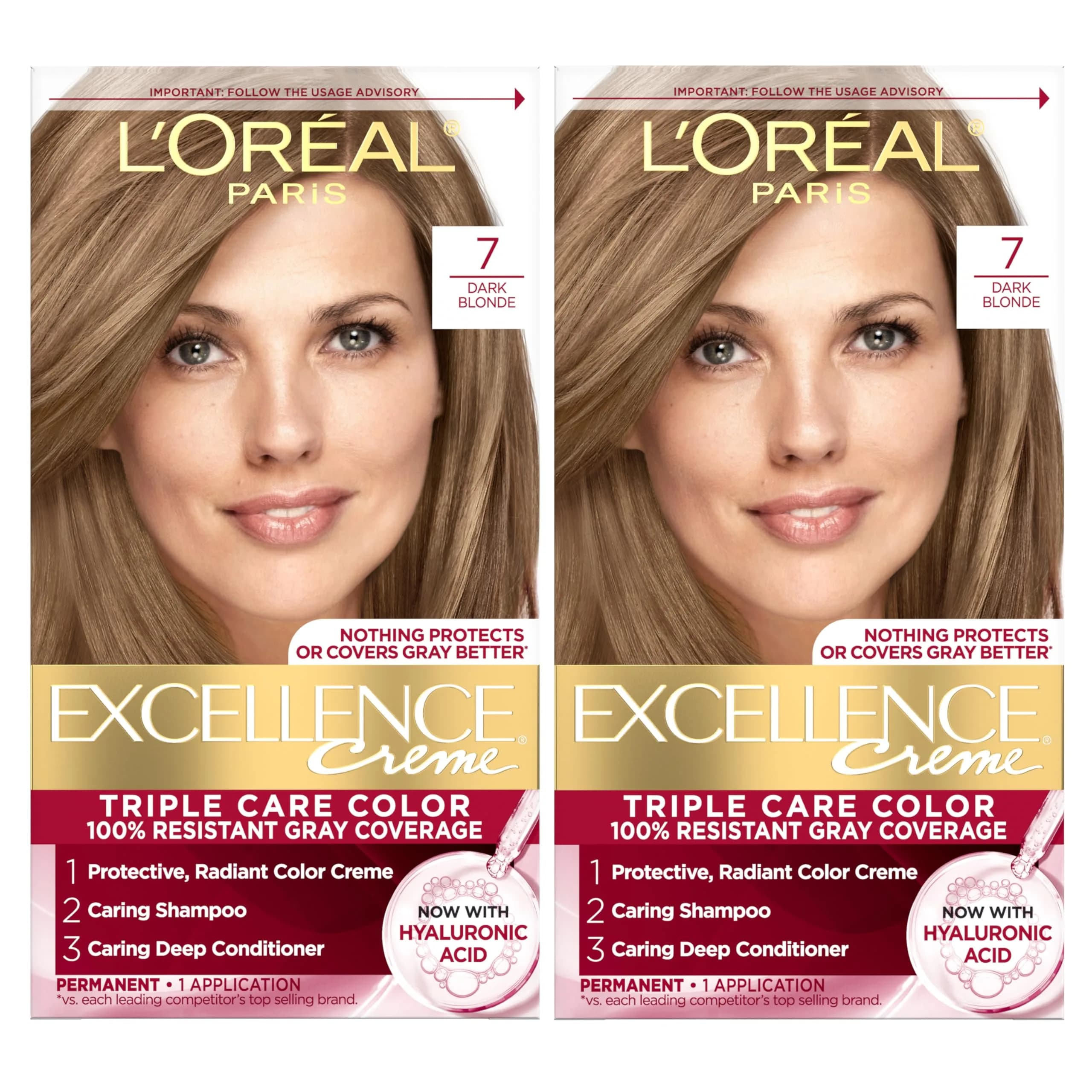 L'Oreal Paris Excellence Crème Permanent Hair Dye 7 Dark Blonde Pack of 2 | Triple Care Color with Hyaluronic Acid for 100% Gray Coverage - main product image