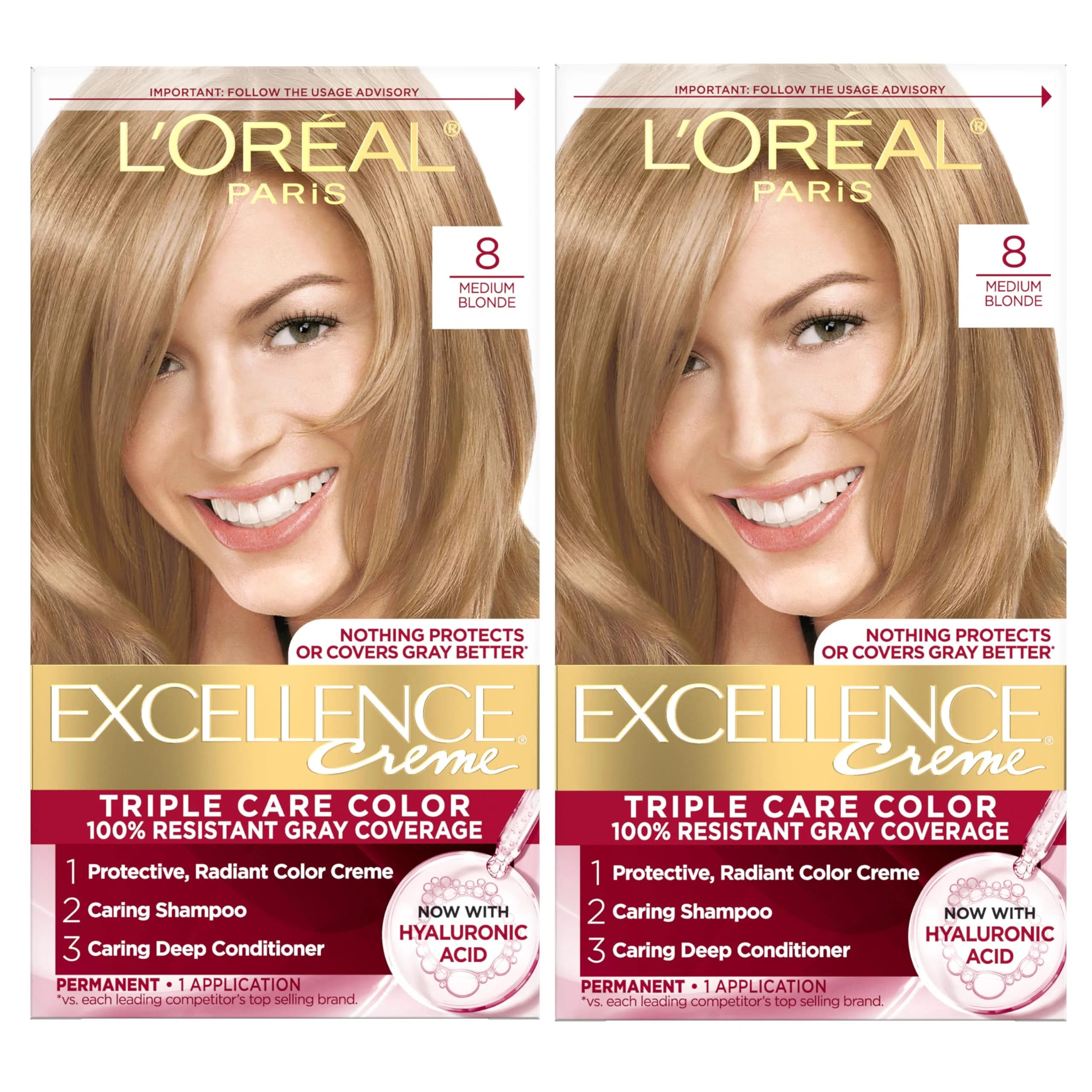 L'Oreal Paris Excellence Crème Permanent Hair Dye 8 Medium Blonde (2 Kits) | Triple Care Color with Hyaluronic Acid - main product image