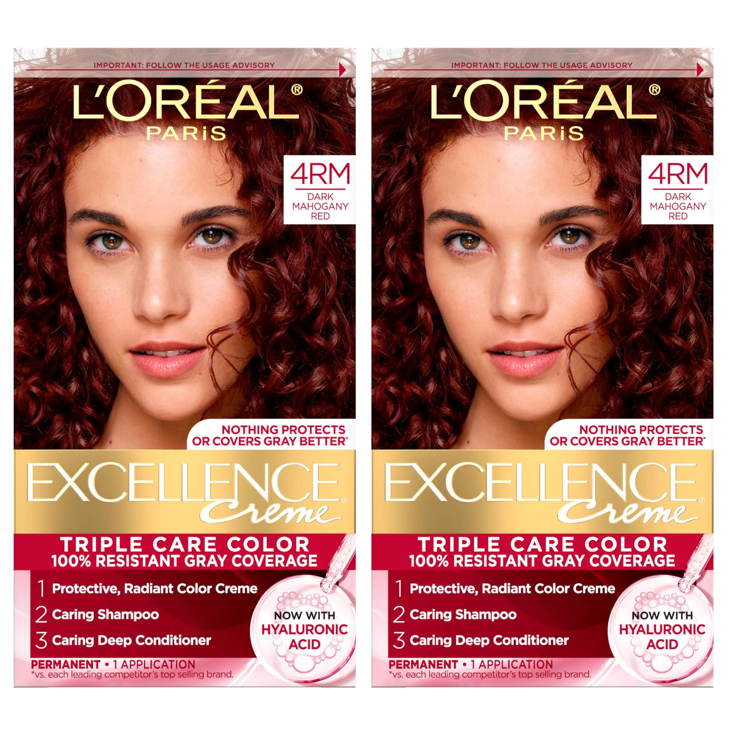 L'Oreal Paris Excellence Crème Permanent Hair Dye 4RM Dark Mahogany Red, 2 Kits (156g Total) | Triple Care Color Routine for 100% Gray Coverage - main product image