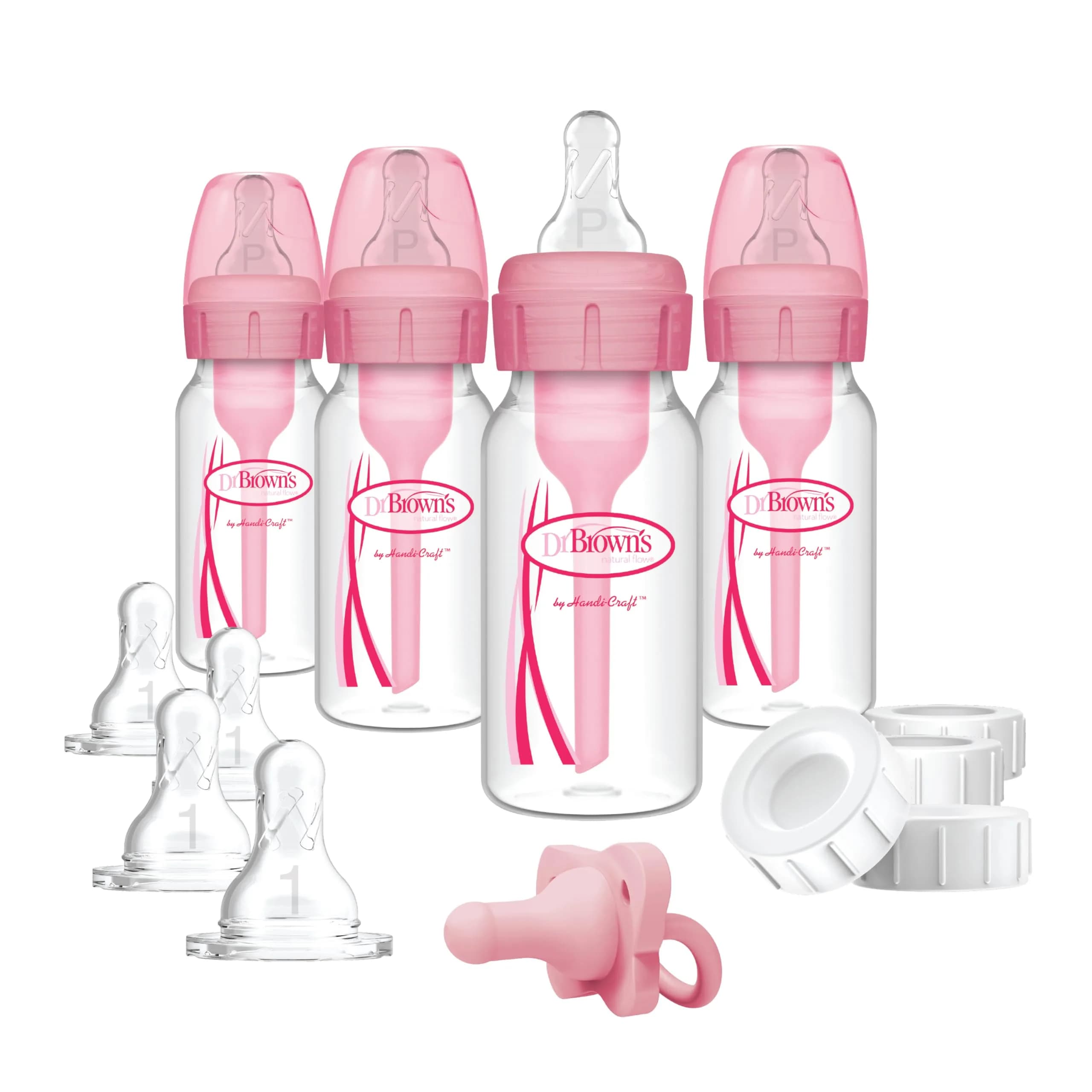 Dr. Brown's Anti-Colic Baby Feeding Set with Slow Flow Nipples, Travel Caps, Silicone Pacifier - Pink | 120ml (4 Fl Oz) Bottles - main product image