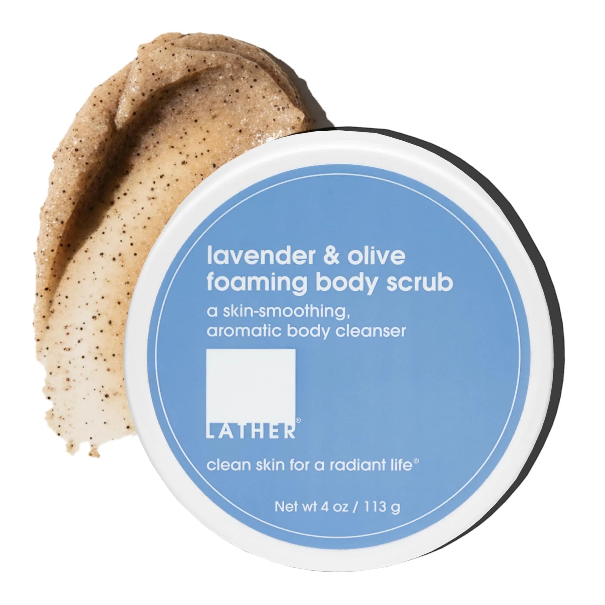 LATHER Lavender & Olive Foaming Body Scrub 4 Oz | Gentle Exfoliating & Hydrating for All Skin Types