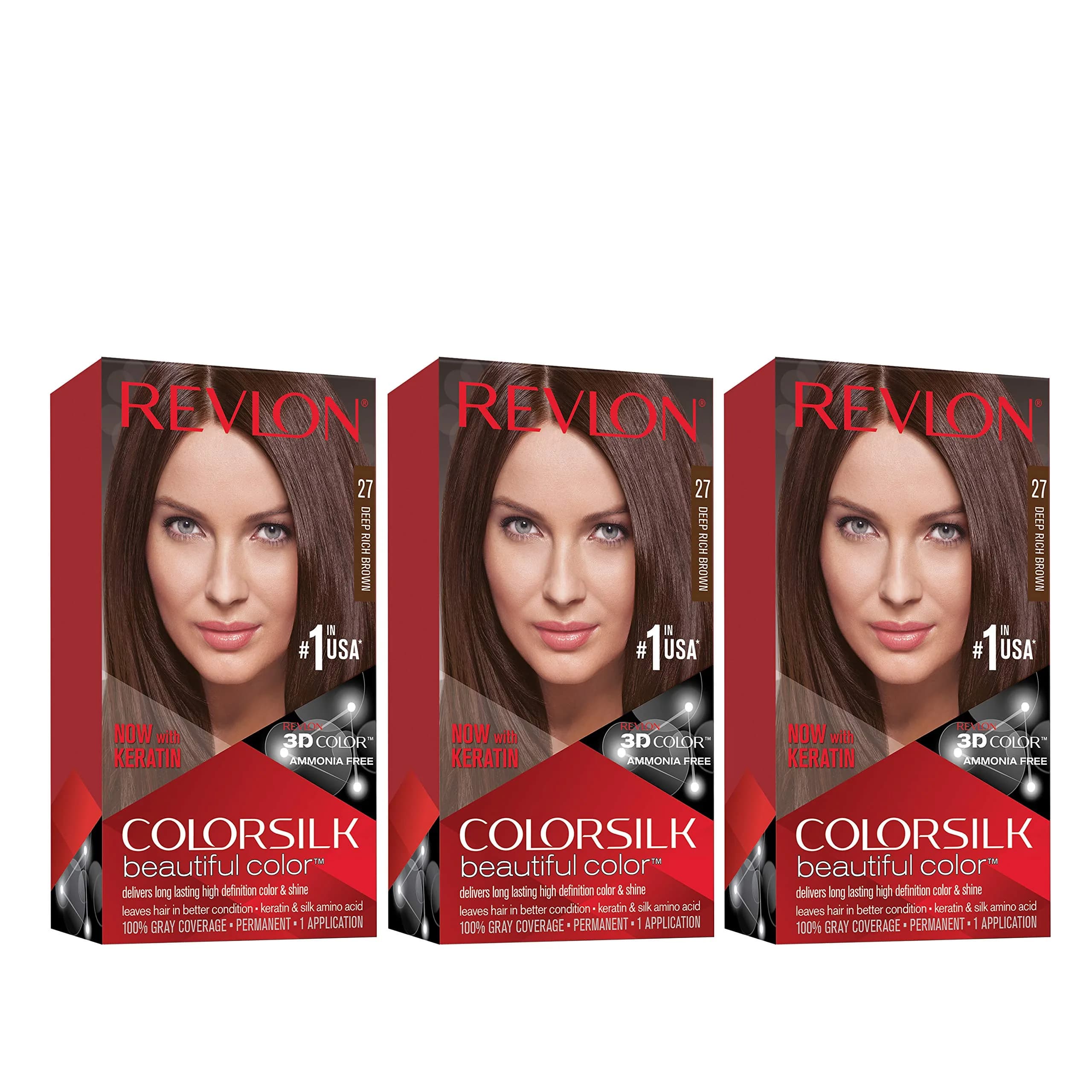 Revlon Colorsilk 27 Deep Rich Brown Permanent Hair Dye 3-Pack (12.6 Oz Total) | Ammonia-Free, Keratin, 100% Gray Coverage - main product image