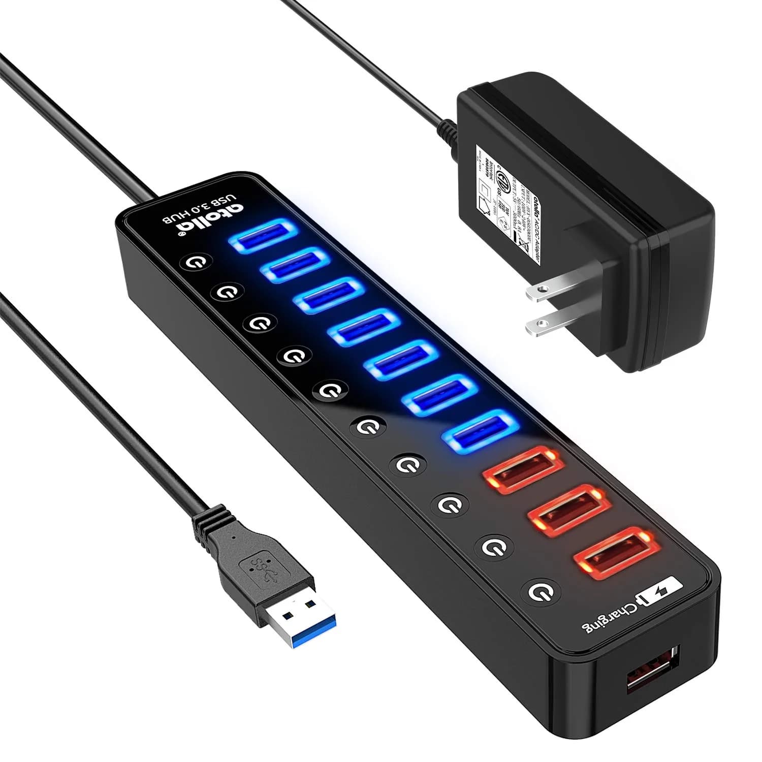 atolla Powered USB 3.0 Hub with 11 Ports | 7 Data + 4 Charging Ports, 12V/4A Power Adapter, Plug & Play (70-120c) - main product image