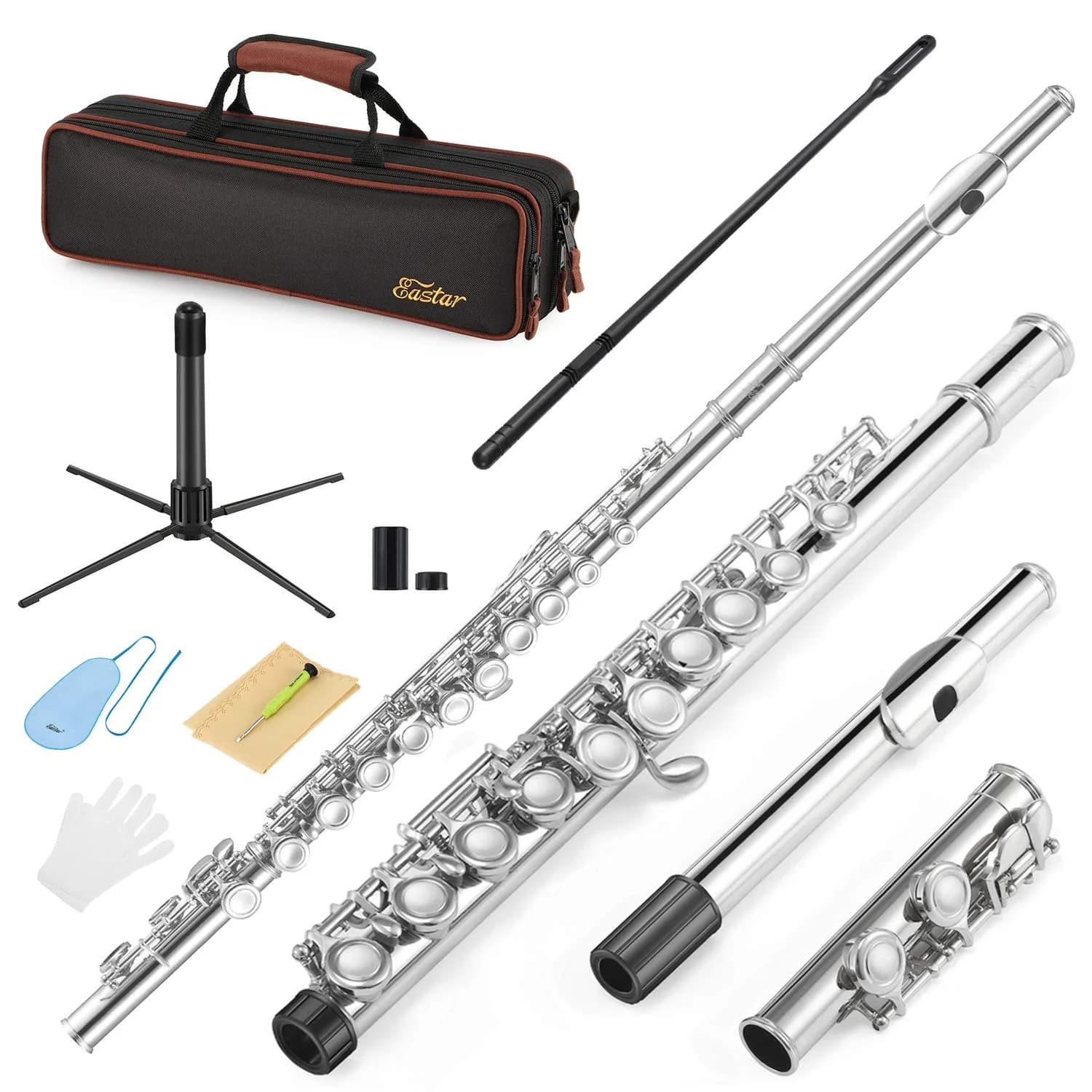 Eastar Closed Hole 16 Keys Flute for Beginner Kids Student with Cleaning Kit, Stand, Case, Gloves, Tuning Rod, Nickel, EFL-1 - main product image