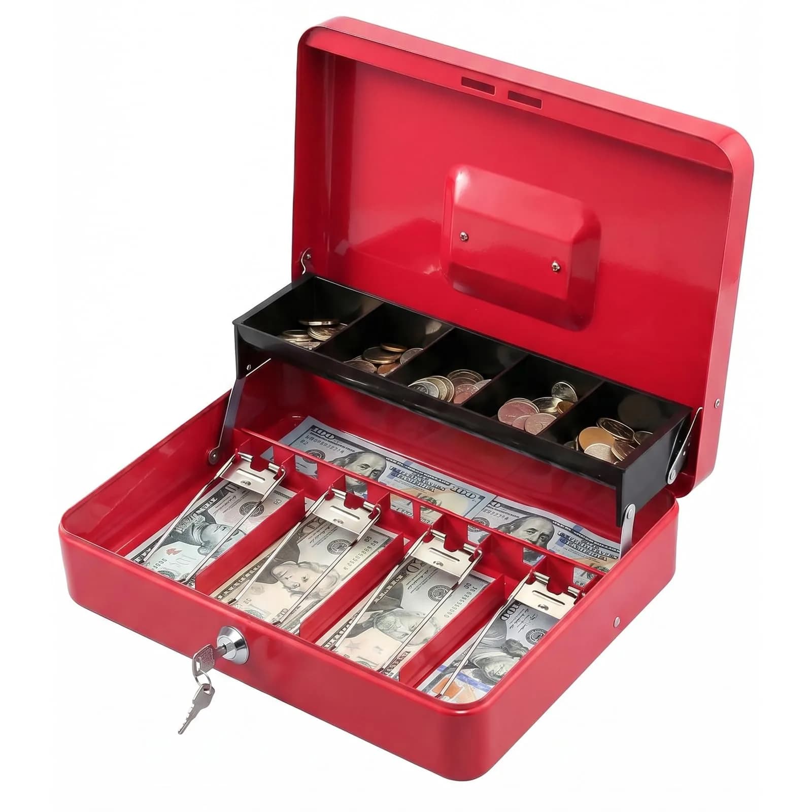 KYODOLED Locking Cash Box with Key Lock, Red XL Large (30cm x 24cm x 9cm) | Secure Money Organizer for Vendors - main product image
