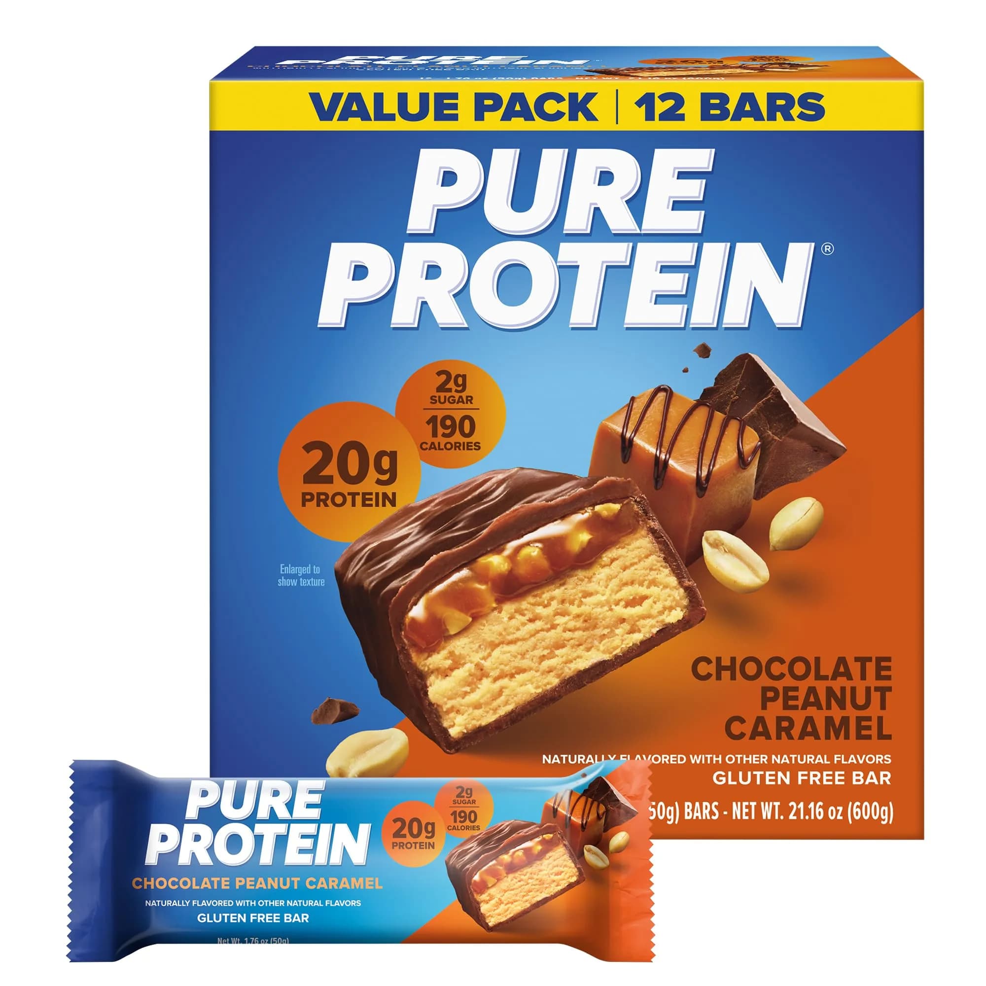 Pure Protein Chocolate Peanut Caramel Protein Bars 12 Count | 20g Protein Snack Food Bar - main product image