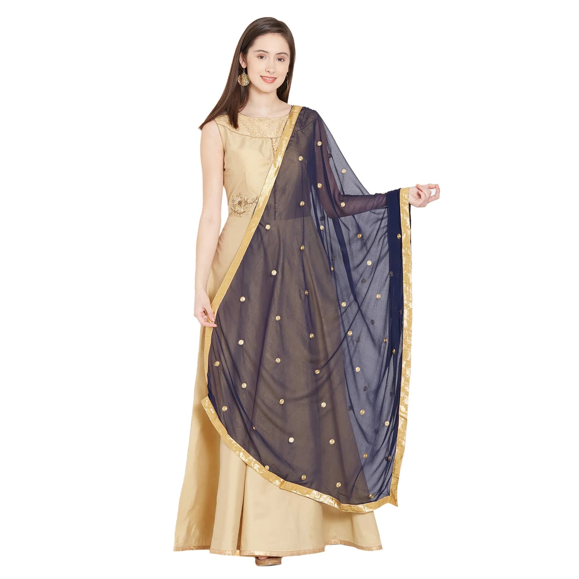DUPATTA BAZAAR Embroidered Navy Blue Chiffon Dupatta 235 x 92 cm (92" x 36") | Traditional Elegant Style