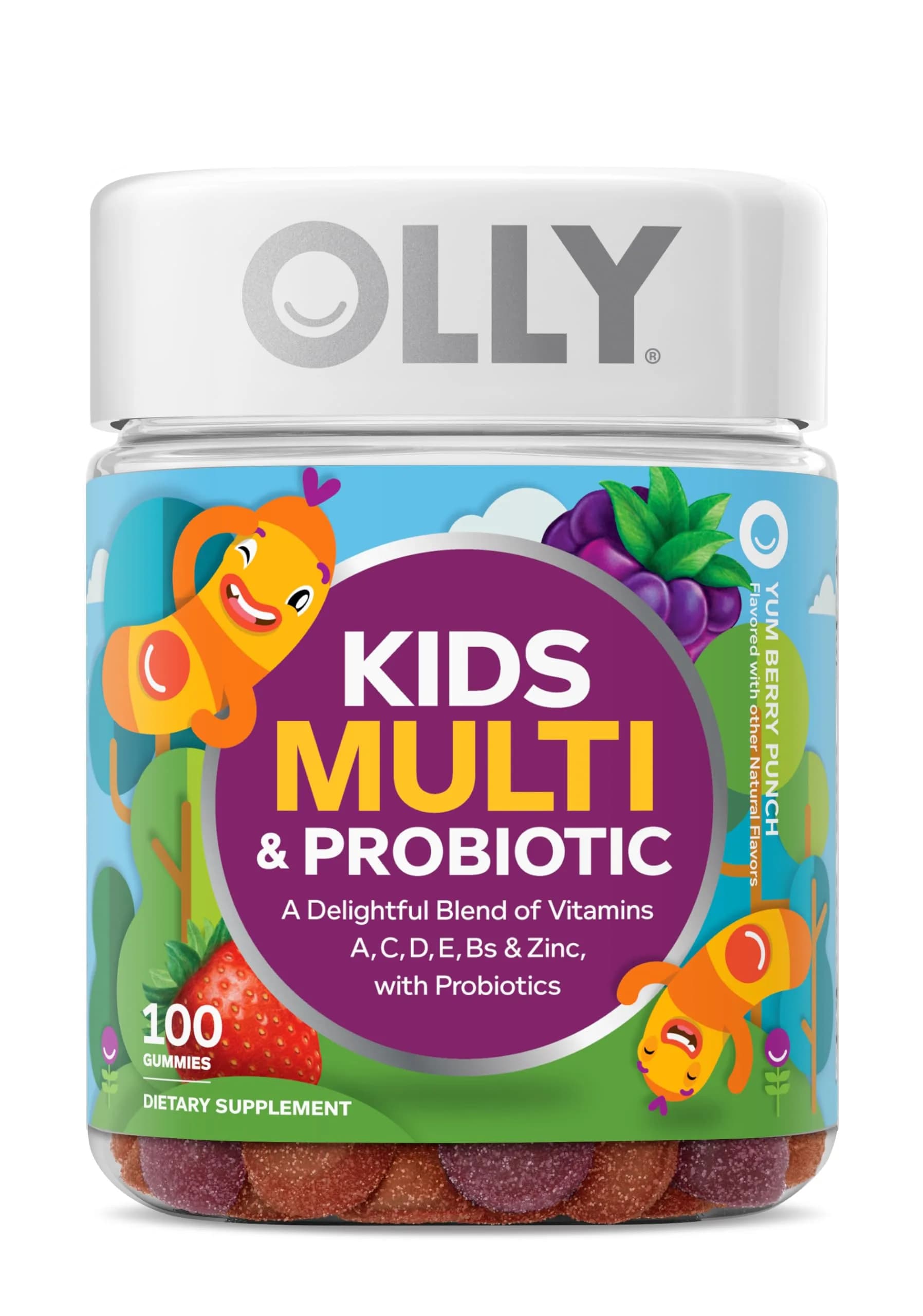 OLLY Kids Multivitamin & Probiotic Gummy, Berry Flavored 100 Count | Digestive Support with Vitamins A, C, D, E, B, Zinc - main product image