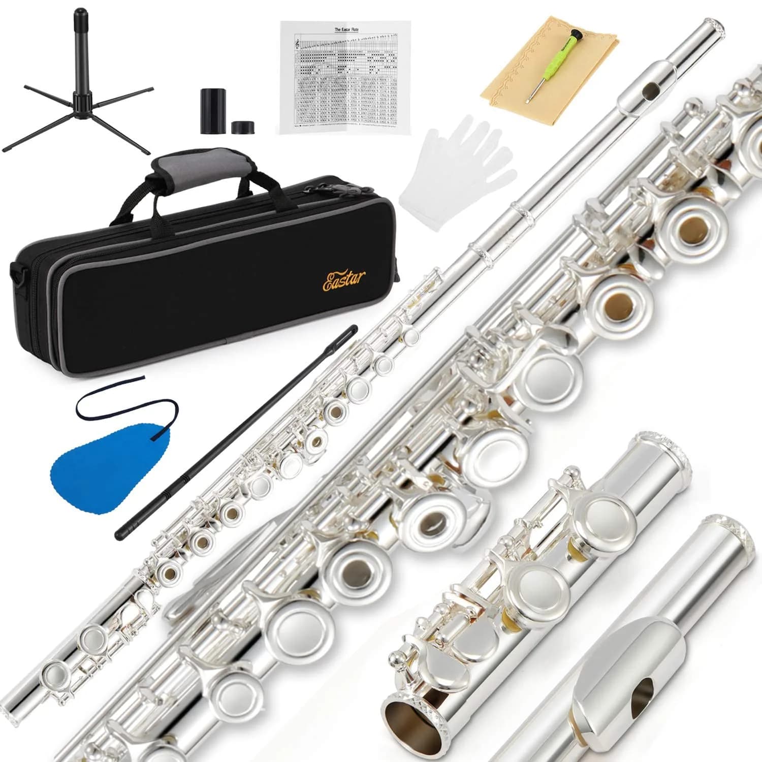 Eastar Open Hole Flute C Key for Beginners, 16 Keys Offset G Split E Student Flute with Case, Fingering Chart, Stand, Cleaning Kit, Advanced Silver Plated, EFL-2 - main product image
