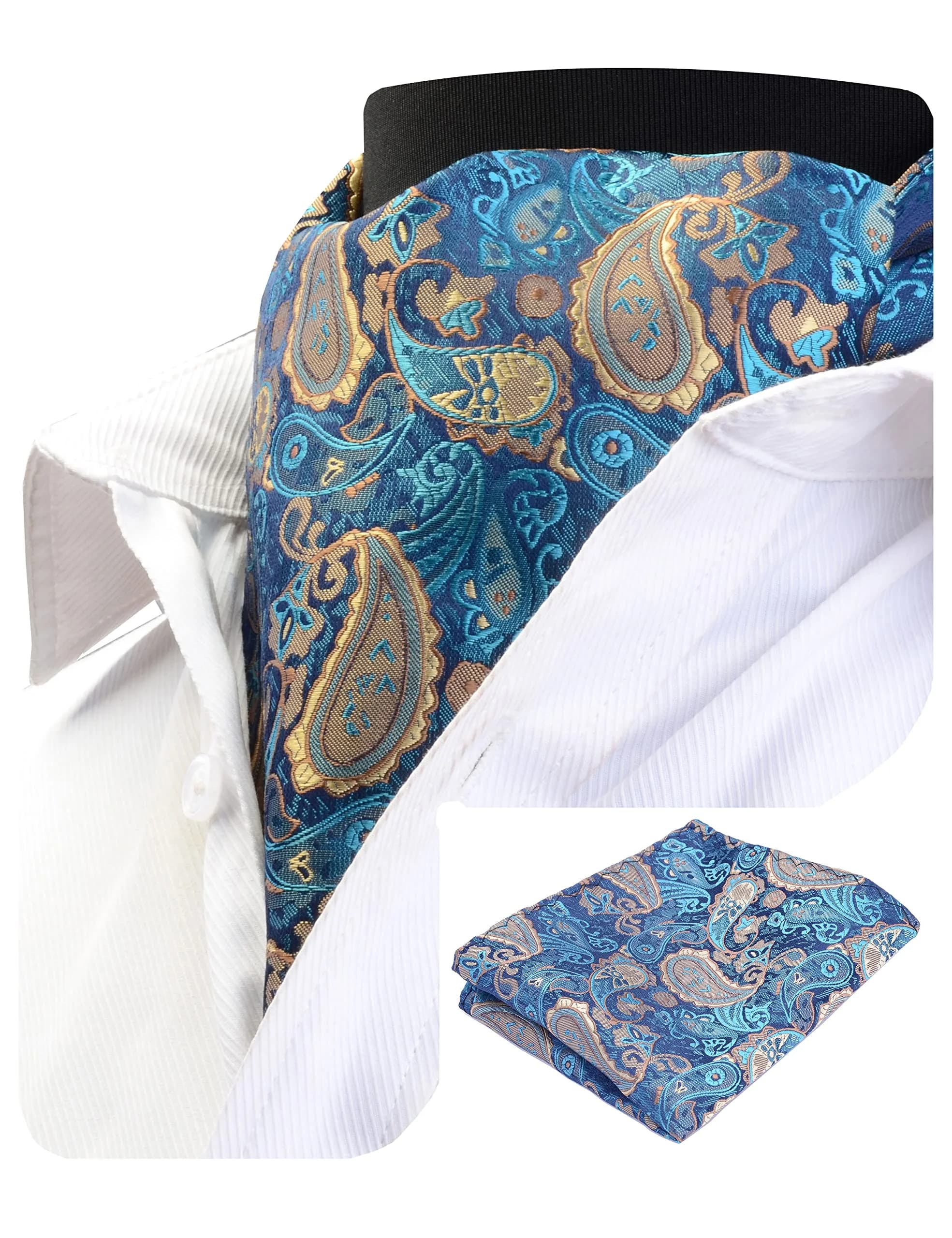GUSLESON Men's Black Ascot Paisley Tie Floral Jacquard Woven Gift Cravat Necktie and Pocket Square Set (0603-08) | Elegant Floral Design