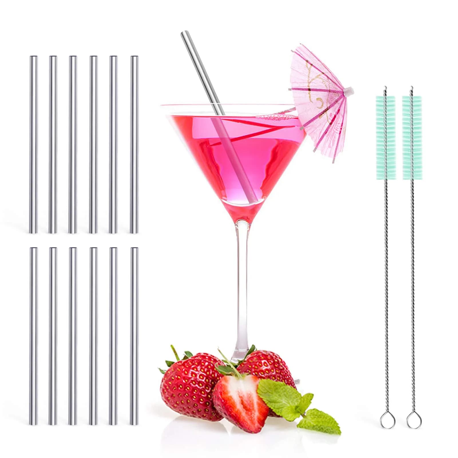 Teivio 5-inch Extra Short Reusable Stainless Steel Drink Straws 12 Pack (Silver) | Perfect for Cocktails & Small Glasses - main product image