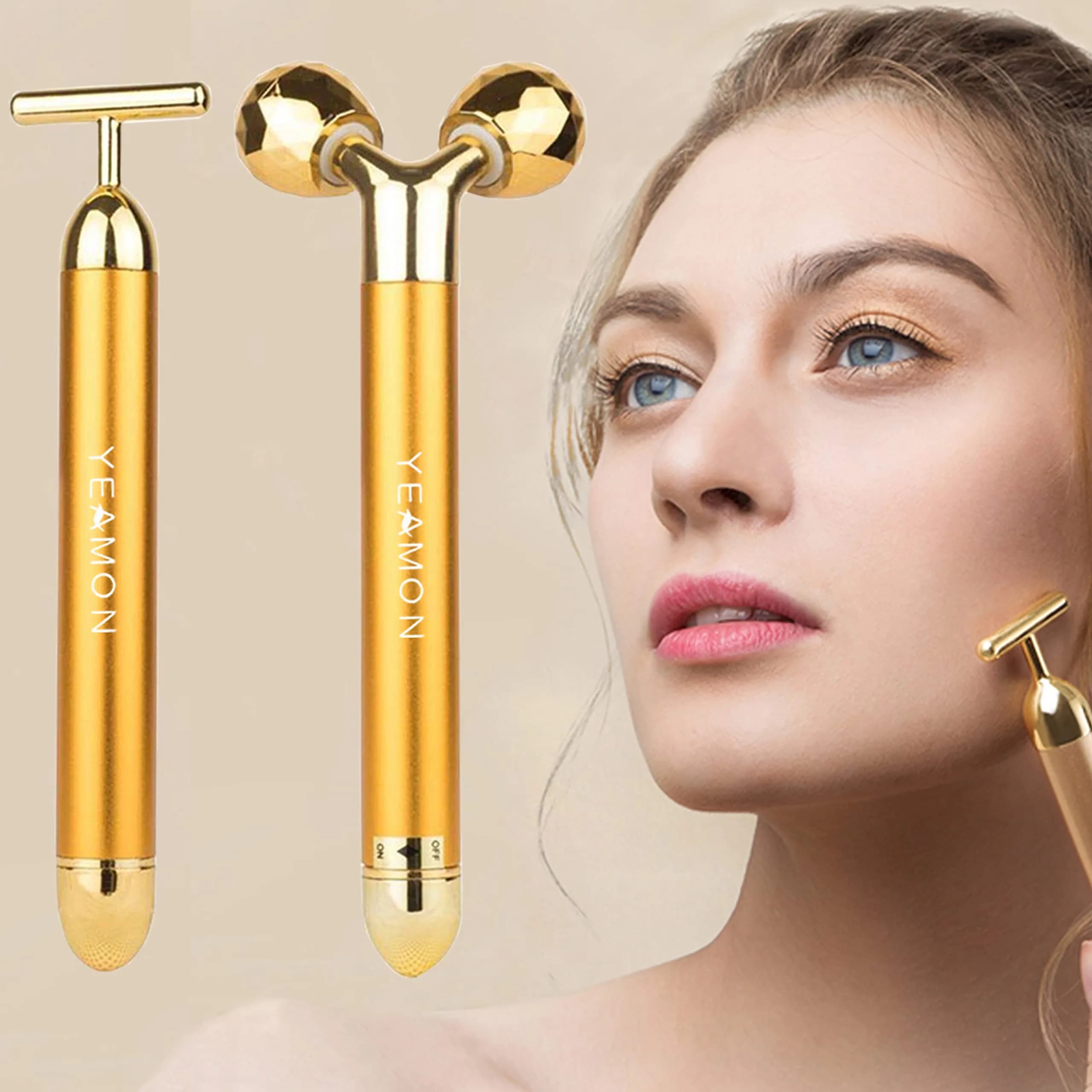 Yeamon 2-in-1 Electric Face Massager Roller & T-Shape Wand | Gold - main product image