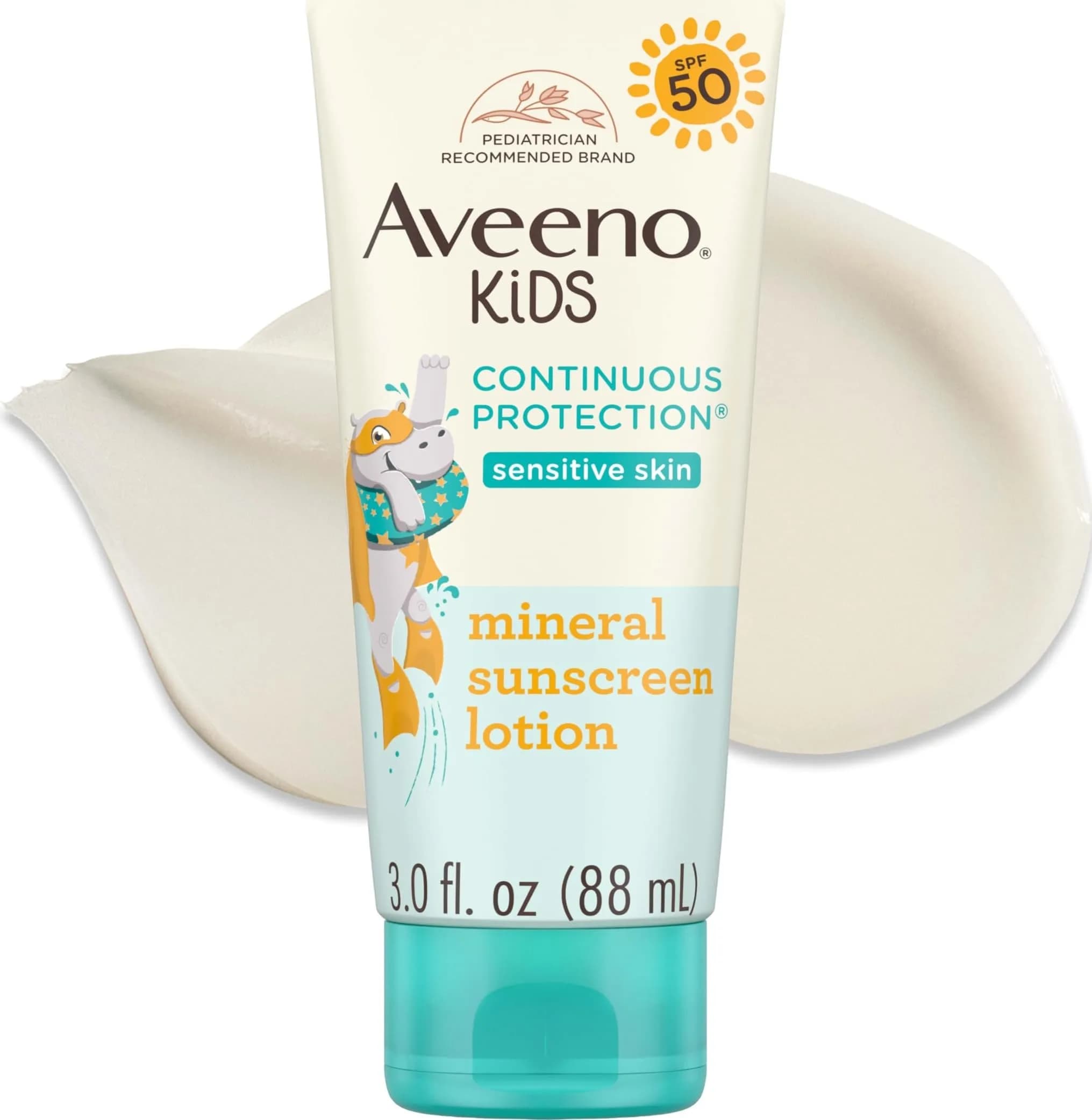 Aveeno Kids Continuous Protection Mineral Sunscreen Lotion SPF 50, 90ml (3 fl. oz) | Broad Spectrum UVA/UVB Protection for Sensitive Skin - main product image