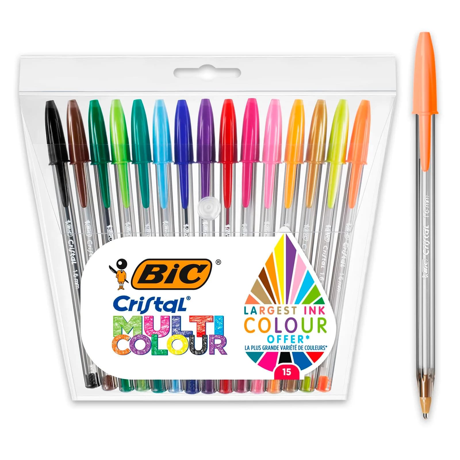 BIC Cristal Multicolour Ballpoint Pens 15 Pack | Wide 1.6mm Tip for Colourful Writing in Assorted Colours