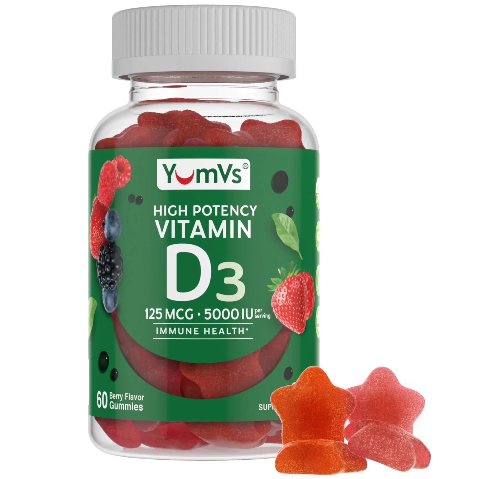 YUM-V'S Vitamin D3 Gummies 5000 IU 125mcg | Support Immune & Bone Health, Non-GMO, Gluten-Free (60 Count)