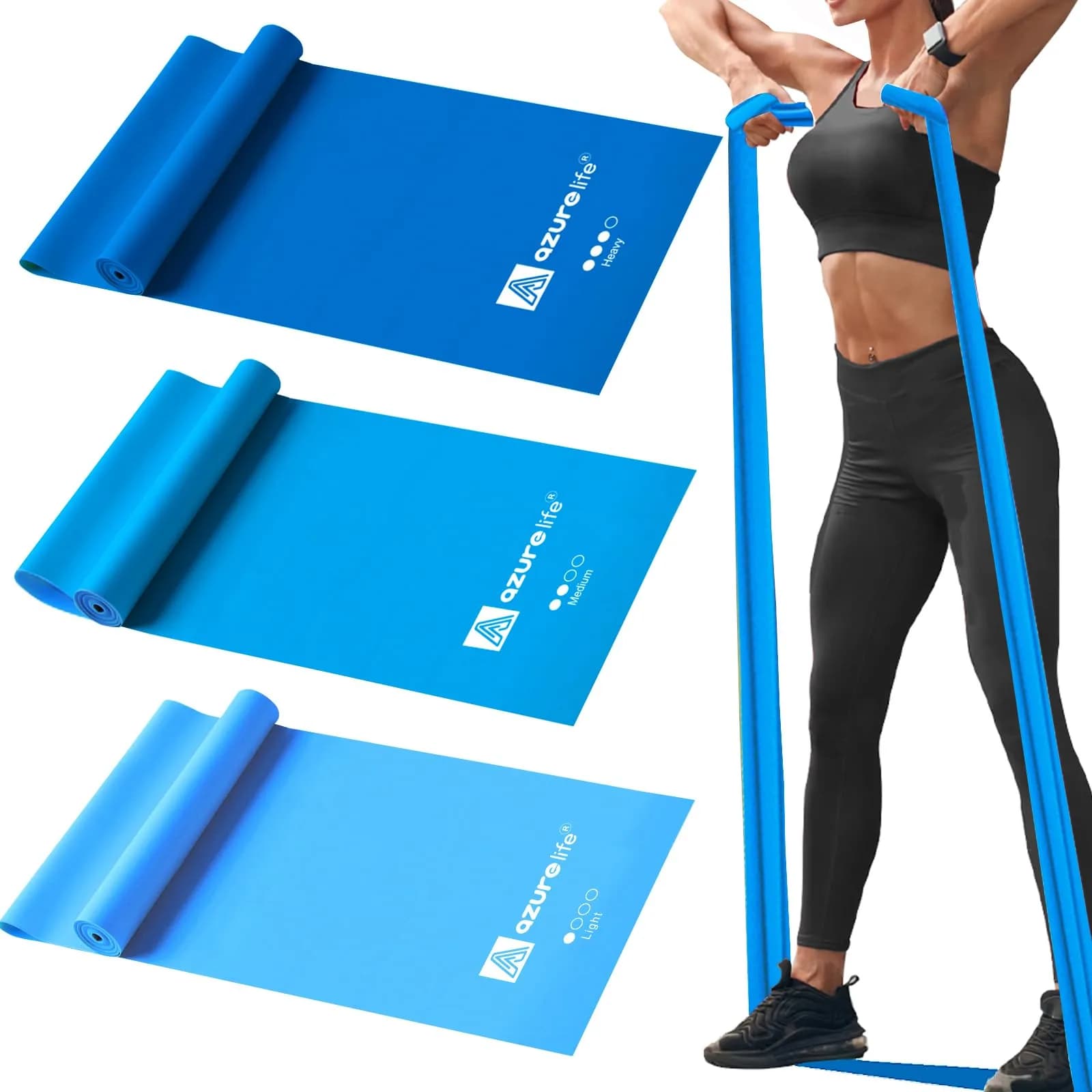 A AZURELIFE Non-Latex Resistance Bands Set - 3 Levels, 5.9ft Long x 6in Wide | Professional Exercise Bands for Therapy & Strength Training - main product image
