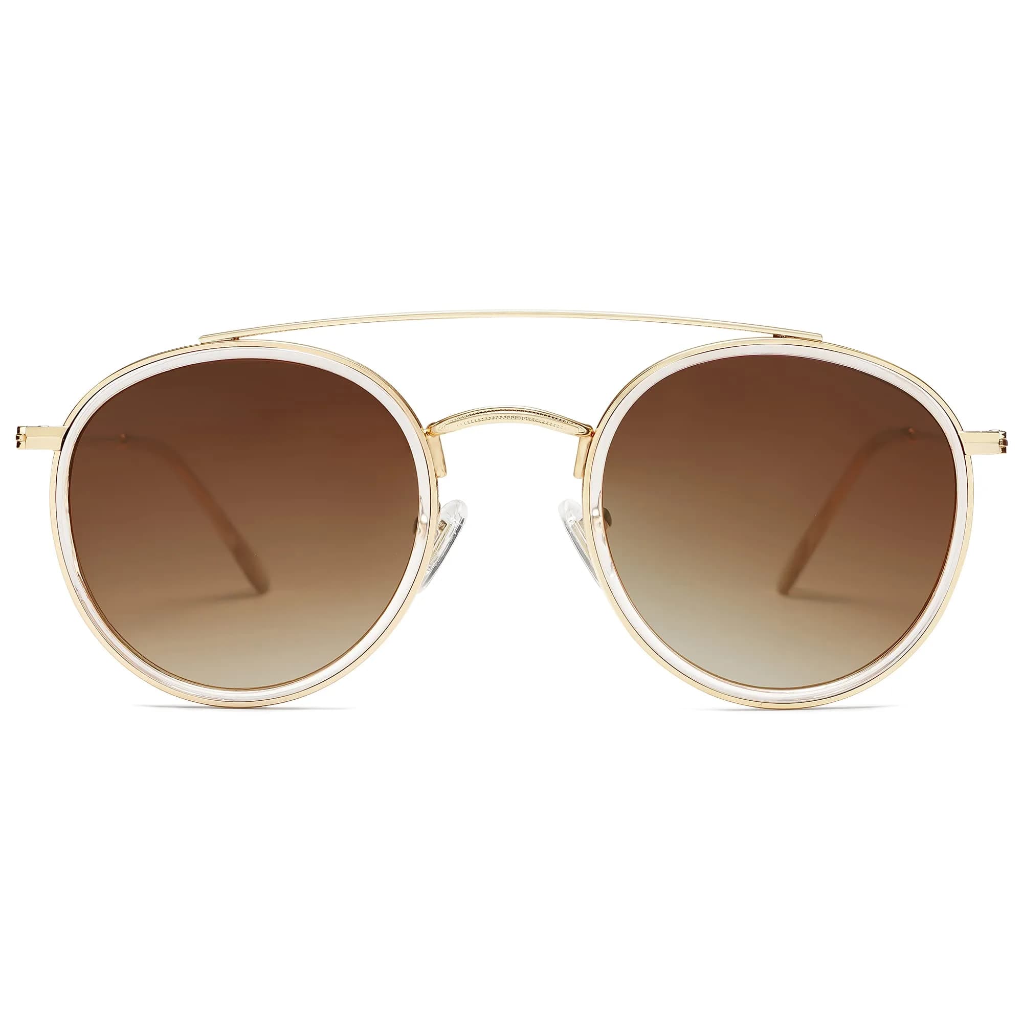 SOJOS Retro Vintage Round Polarized Sunglasses Small Double Bridge Circle Gold/Brown | UV400 Polarized — Gold/Brown