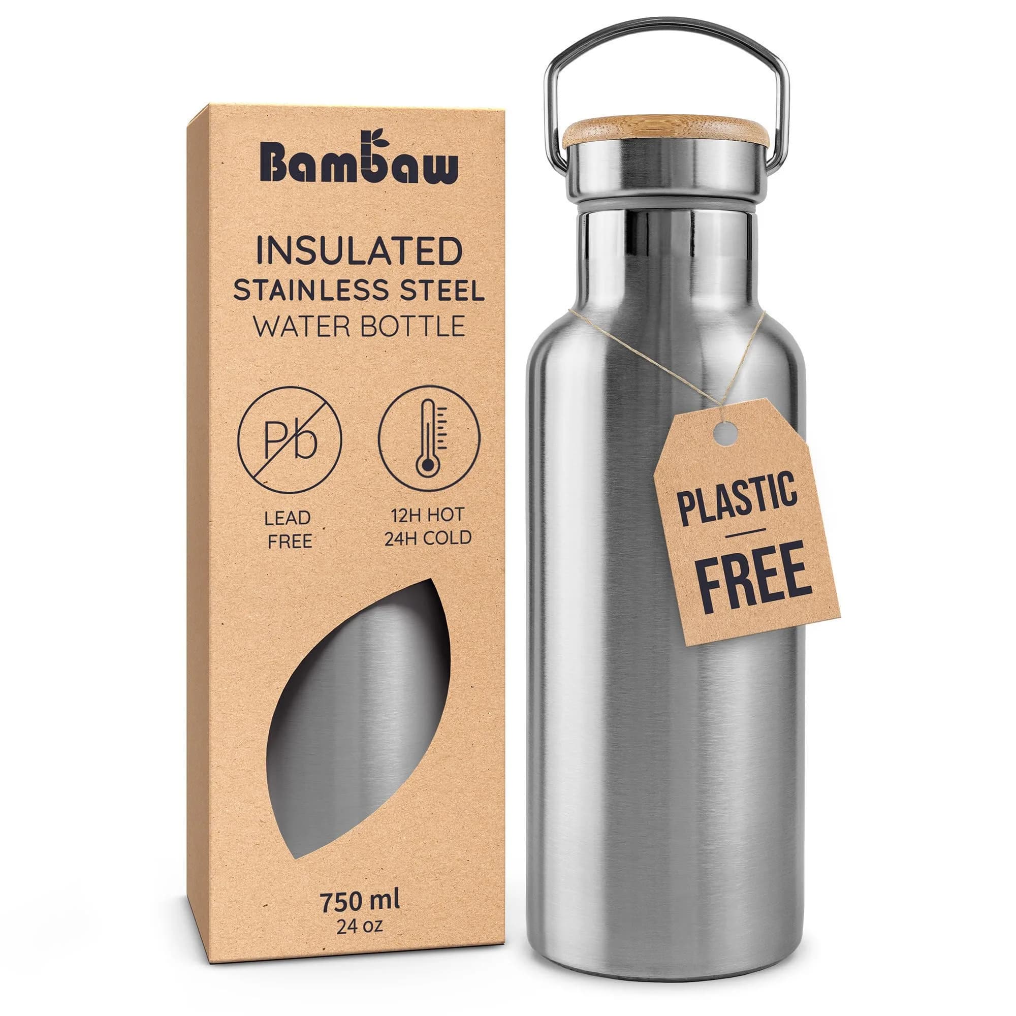 Bambaw 750ml (24 oz) Insulated Stainless Steel Water Bottle | Rust-Resistant, Leakproof, Wide Mouth for Easy Cleaning