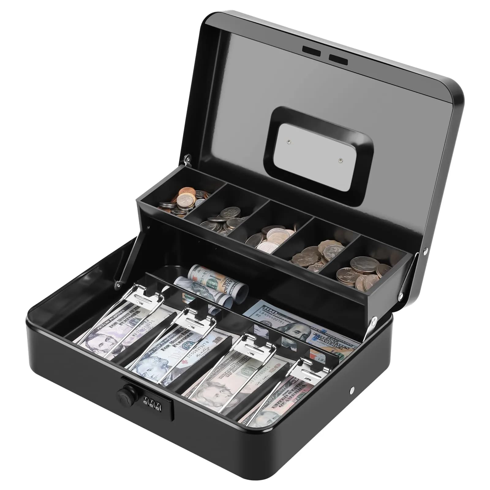 KYODOLED Metal Cash Box with Combination Lock & Spring Clips, 11.8" Black | Secure Storage for Yard Sales & Small Businesses - main product image