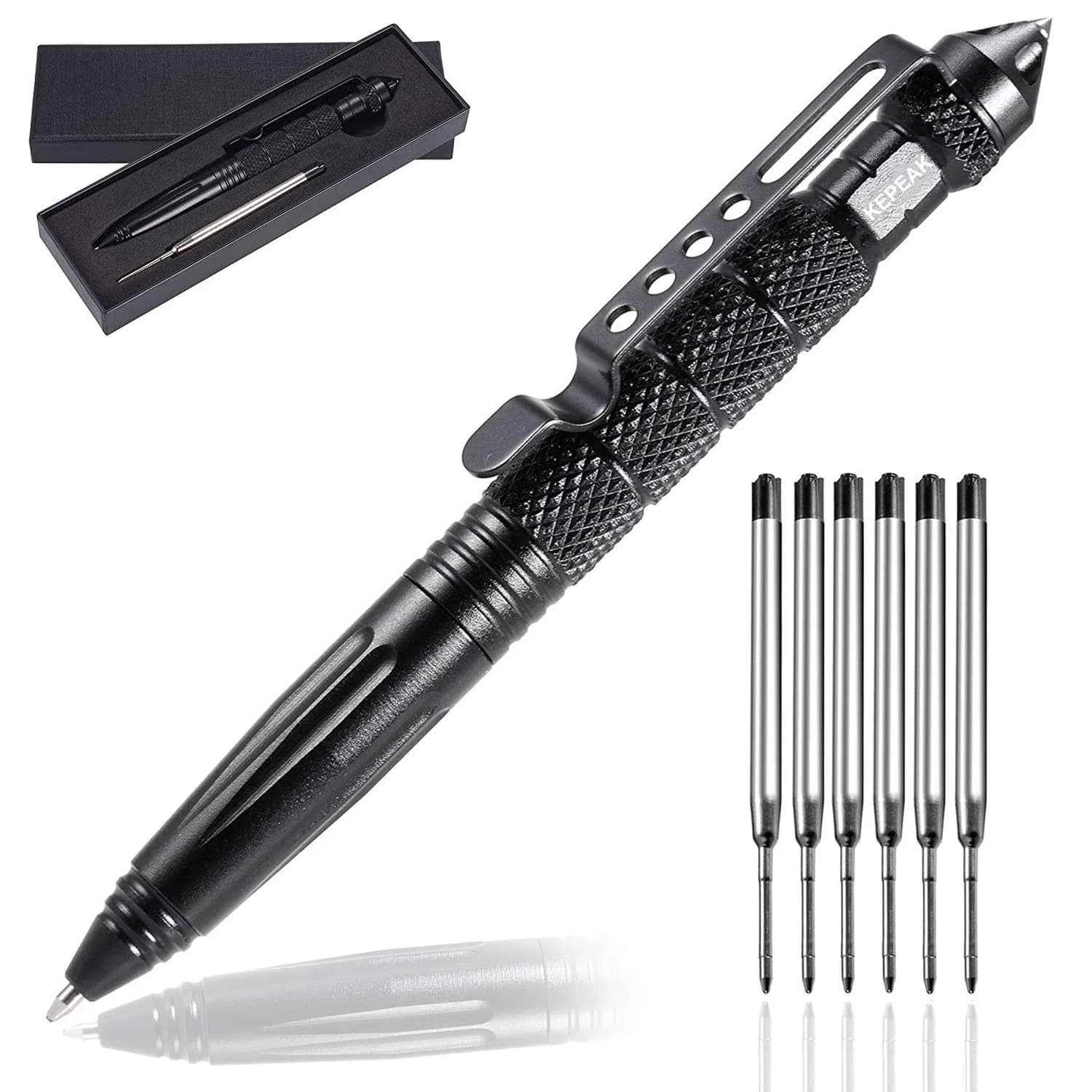 KEPEAK Military Tactical Pen, Professional Self Defense Pen, Emergency Glass Breaker Pen - Tungsten Steel, Writing EDC Survival Tool with 6 Refills | 15.0 cm (5.9 Inch) - main product image