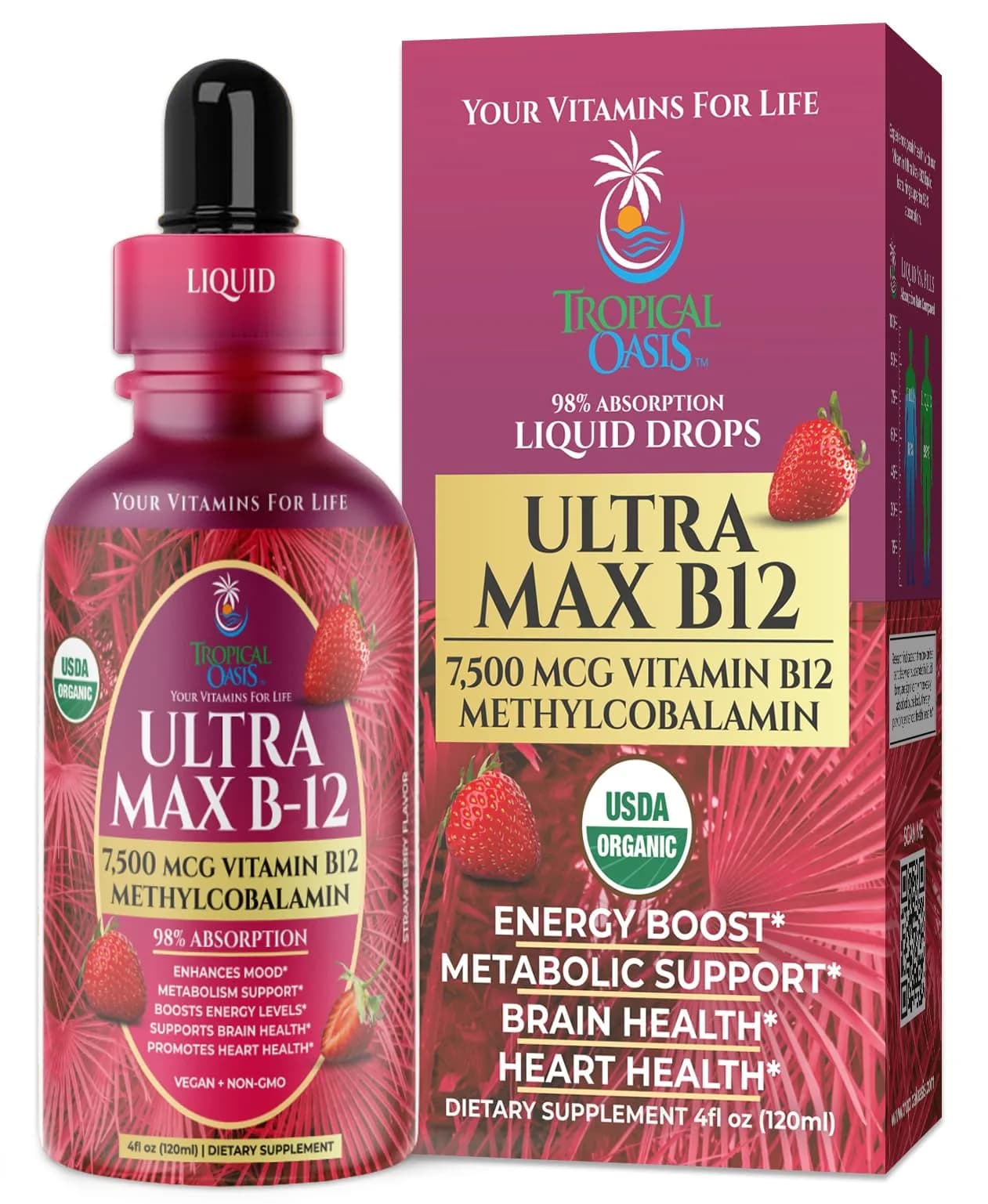 Tropical Oasis Ultra Max B12 Liquid Drops 4oz | Max 5000mcg Max Potency, Vegan, Strawberry Flavor