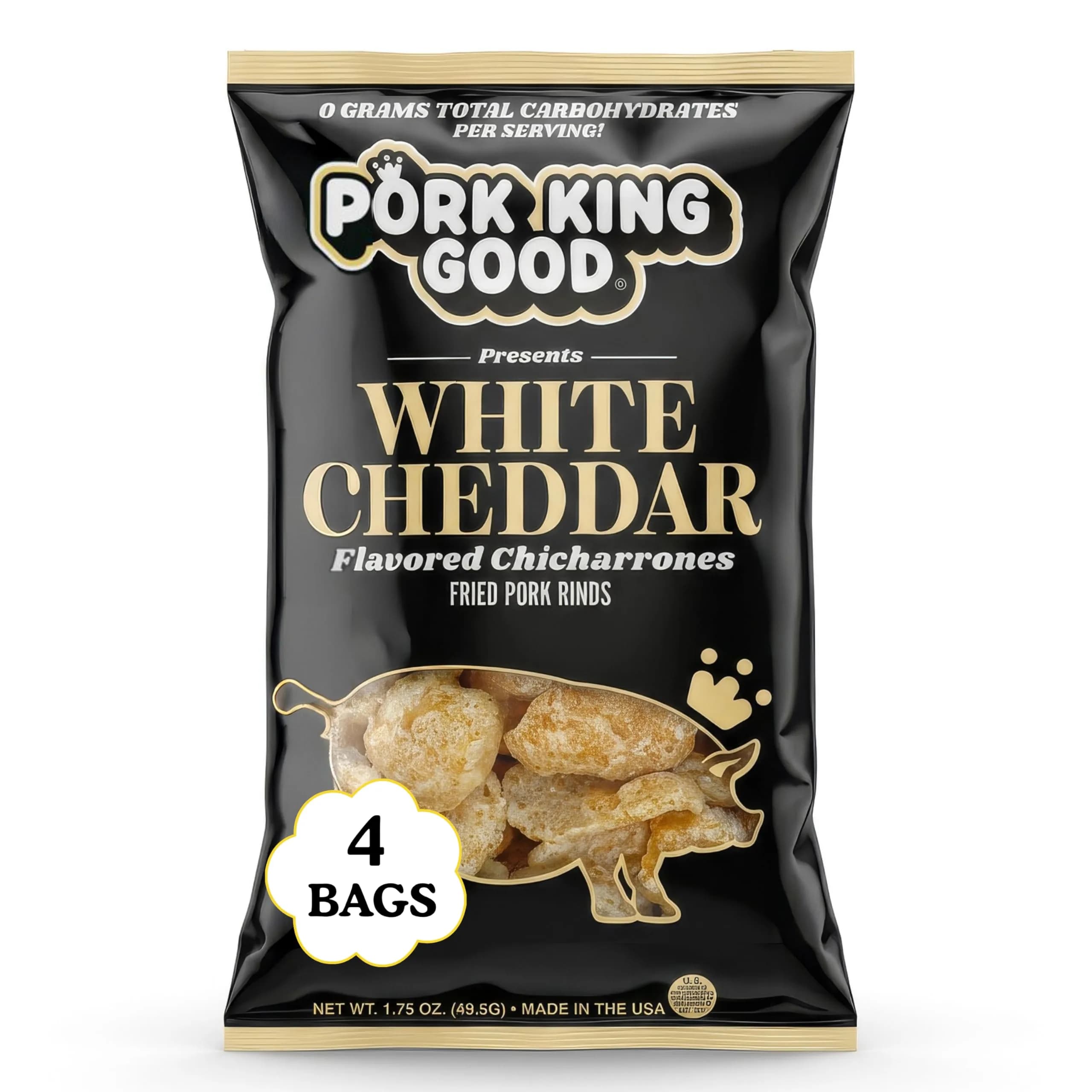 Pork King Good Pork Rinds (Chicharrones), White Cheddar, 4 Pack | Low-Carb, High Protein Snack in India