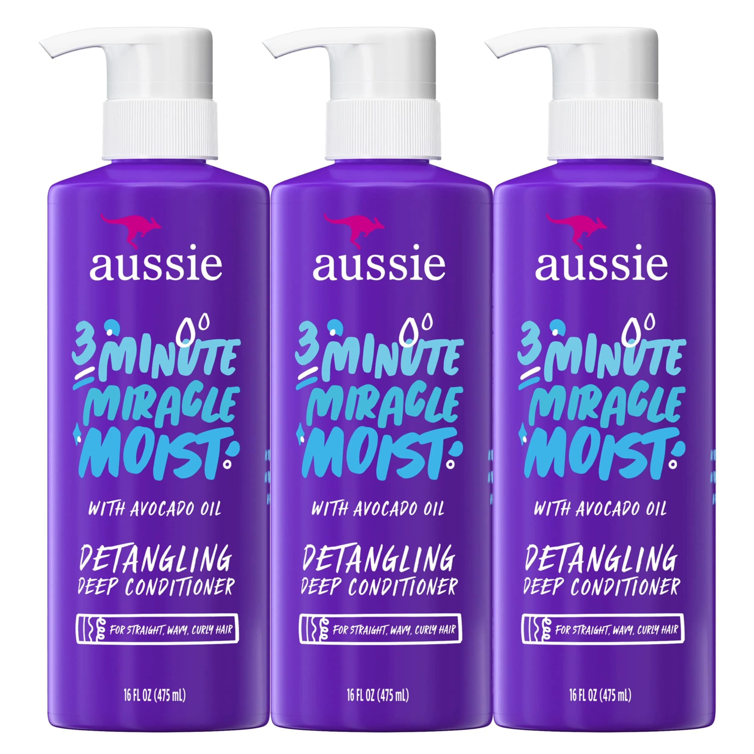 Aussie 3 Minute Miracle Moist Deep Conditioner Triple Pack | 492ml (16 Fl Oz Each) for Dry, Curly, Color-Treated Hair
