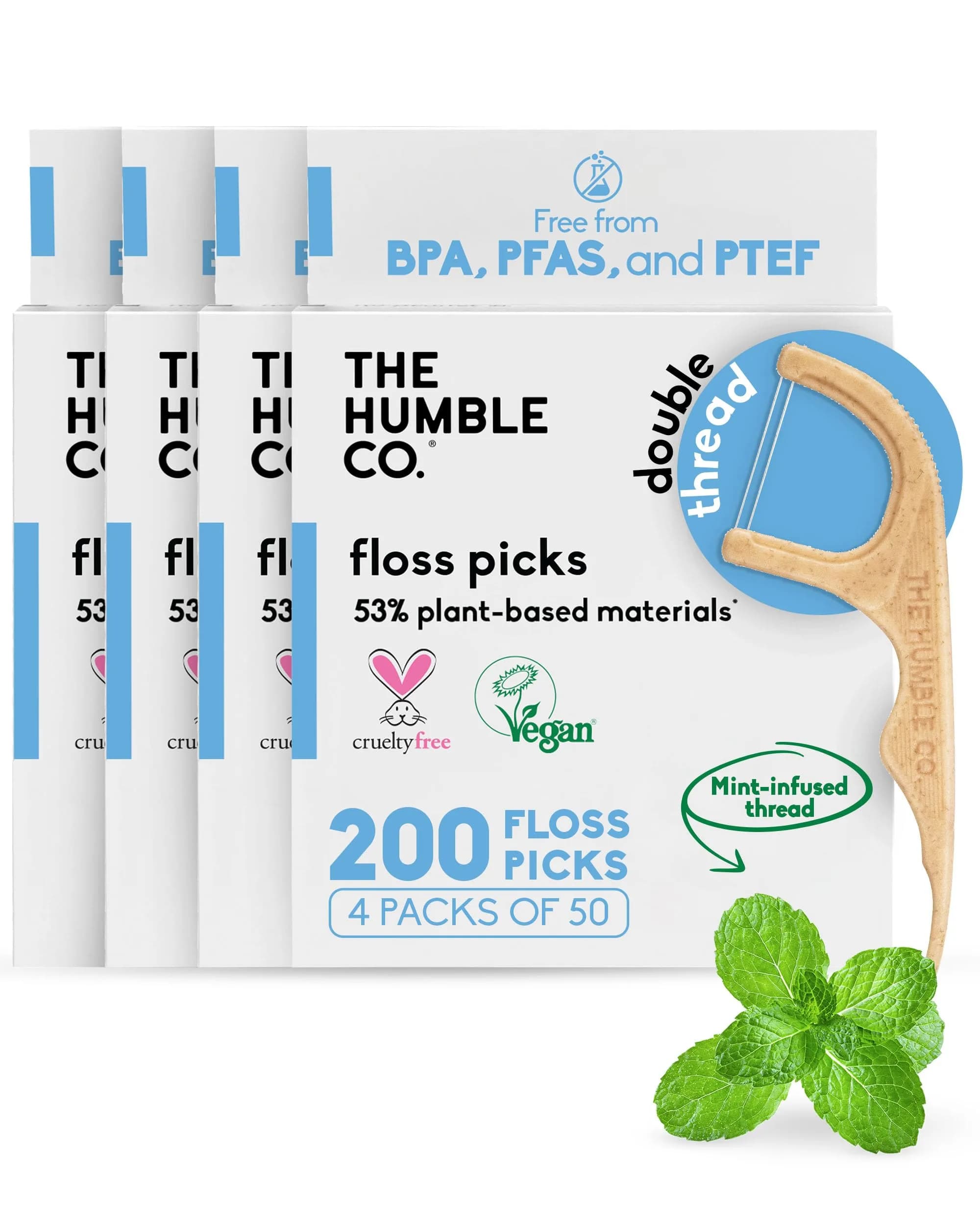 The Humble Co. Mint Dental Floss Picks Double Thread 200 Count | Dentist-Designed, Plant-Based Materials - main product image