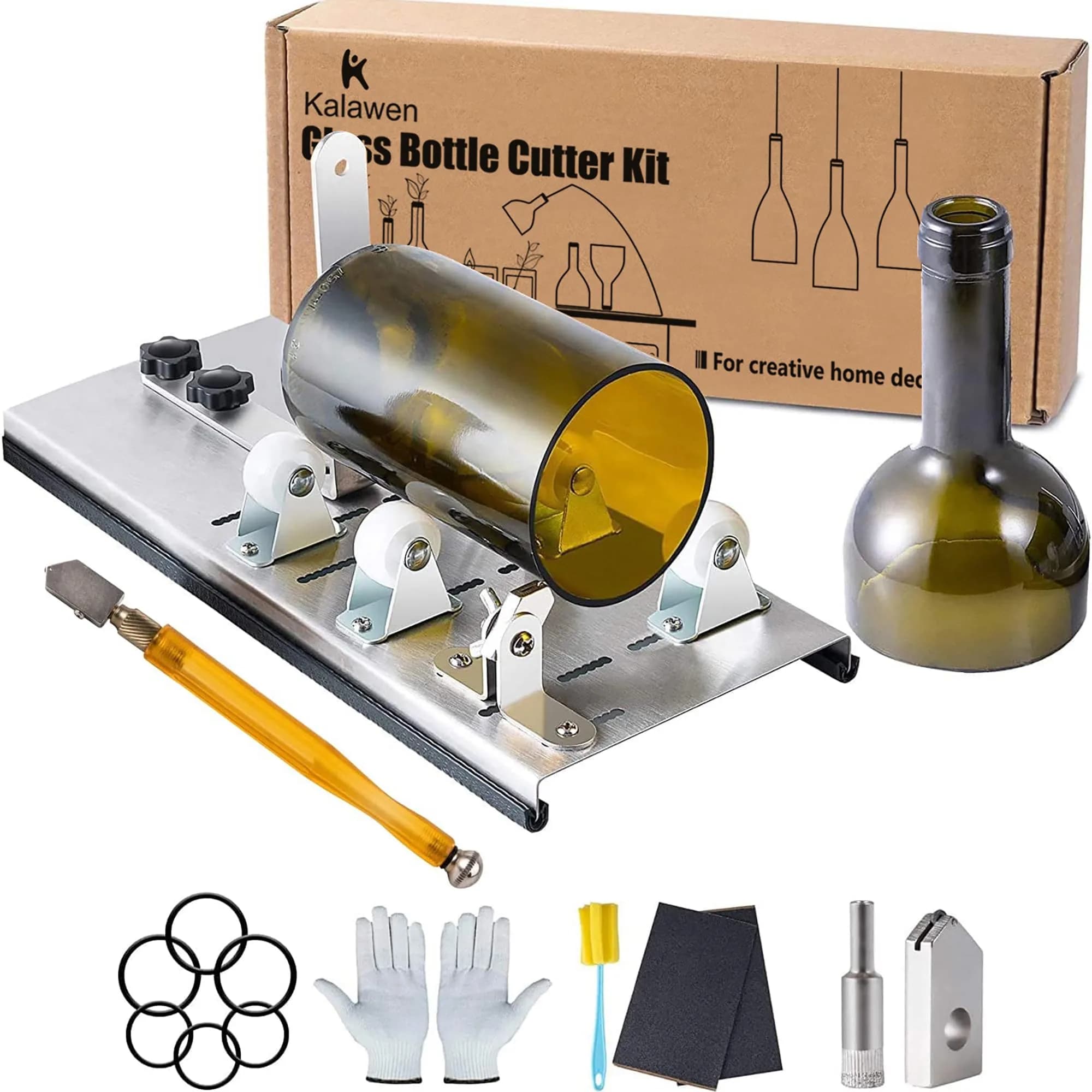 Kalawen Glass Bottle Cutter Kit for Round Bottles | Adjustable Stainless Steel Tool with Diamond Carbide Blade - main product image