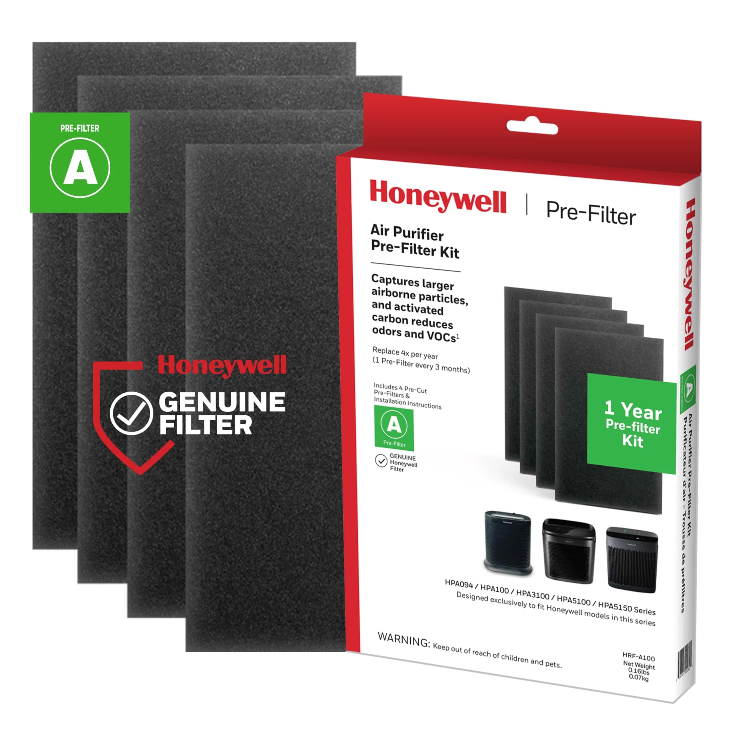 Honeywell Air Purifier Carbon Pre-Filter, HRF-A100 4 Count | Effective Odor & Particle Capture - main product image