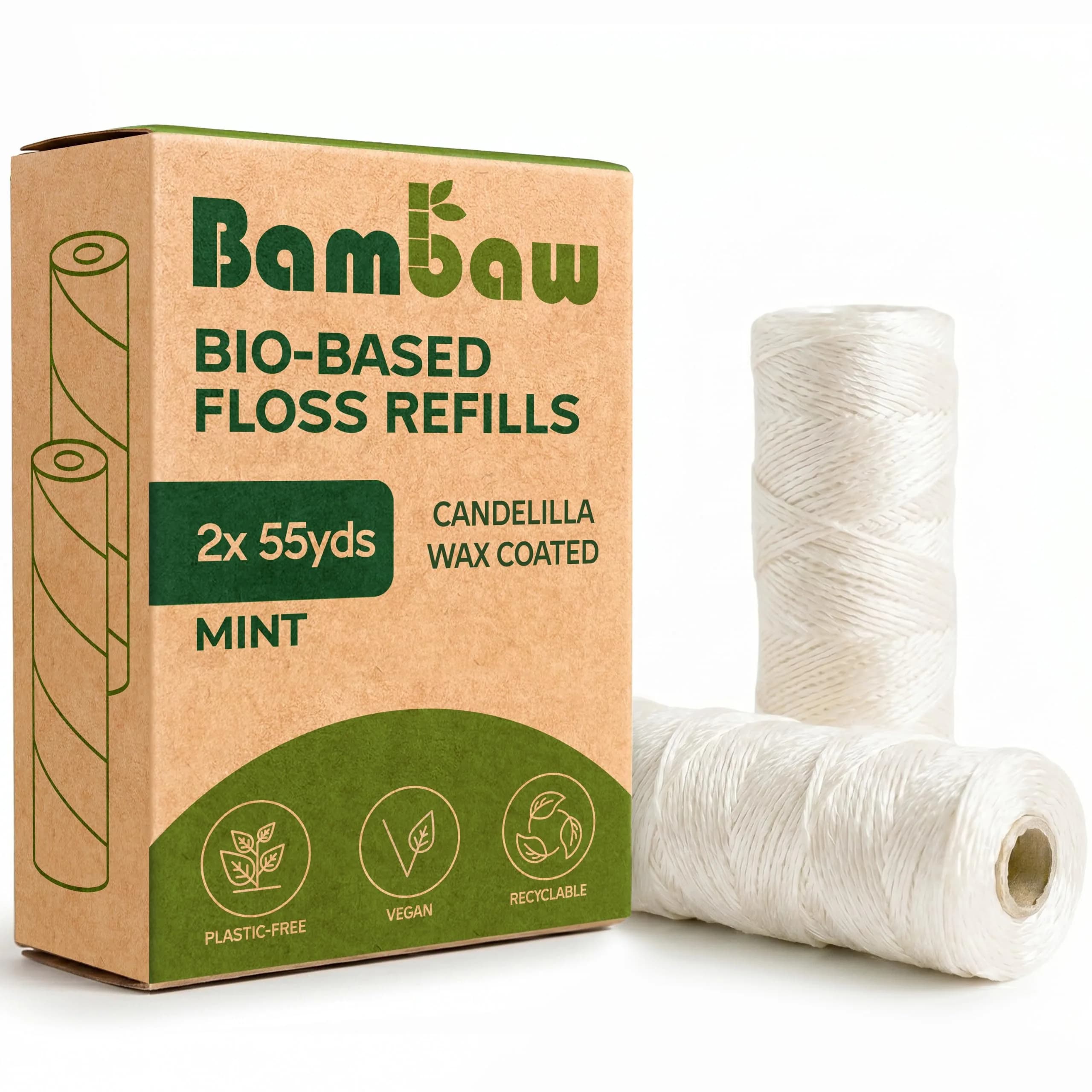 Bambaw Vegan Refill Dental Floss Mint | 165 Foot (50m x 2) | Plastic Free Dental Tape - main product image
