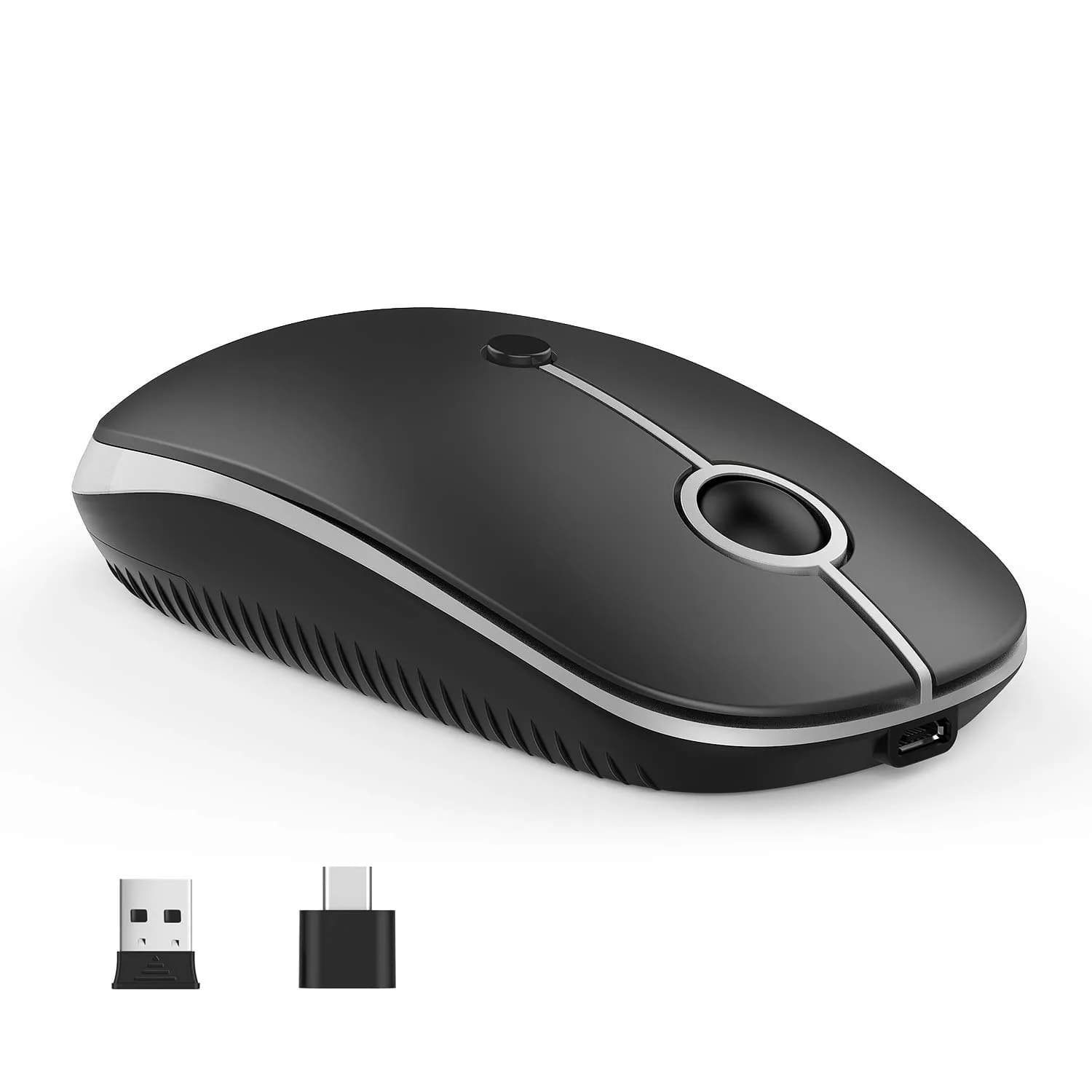 VssoPlor Type-C Wireless Mouse, Rechargeable Ergonomic Computer Mouse with USB & Type-C Receiver, Black Silver | Quiet Clicks & Adjustable DPI - main product image