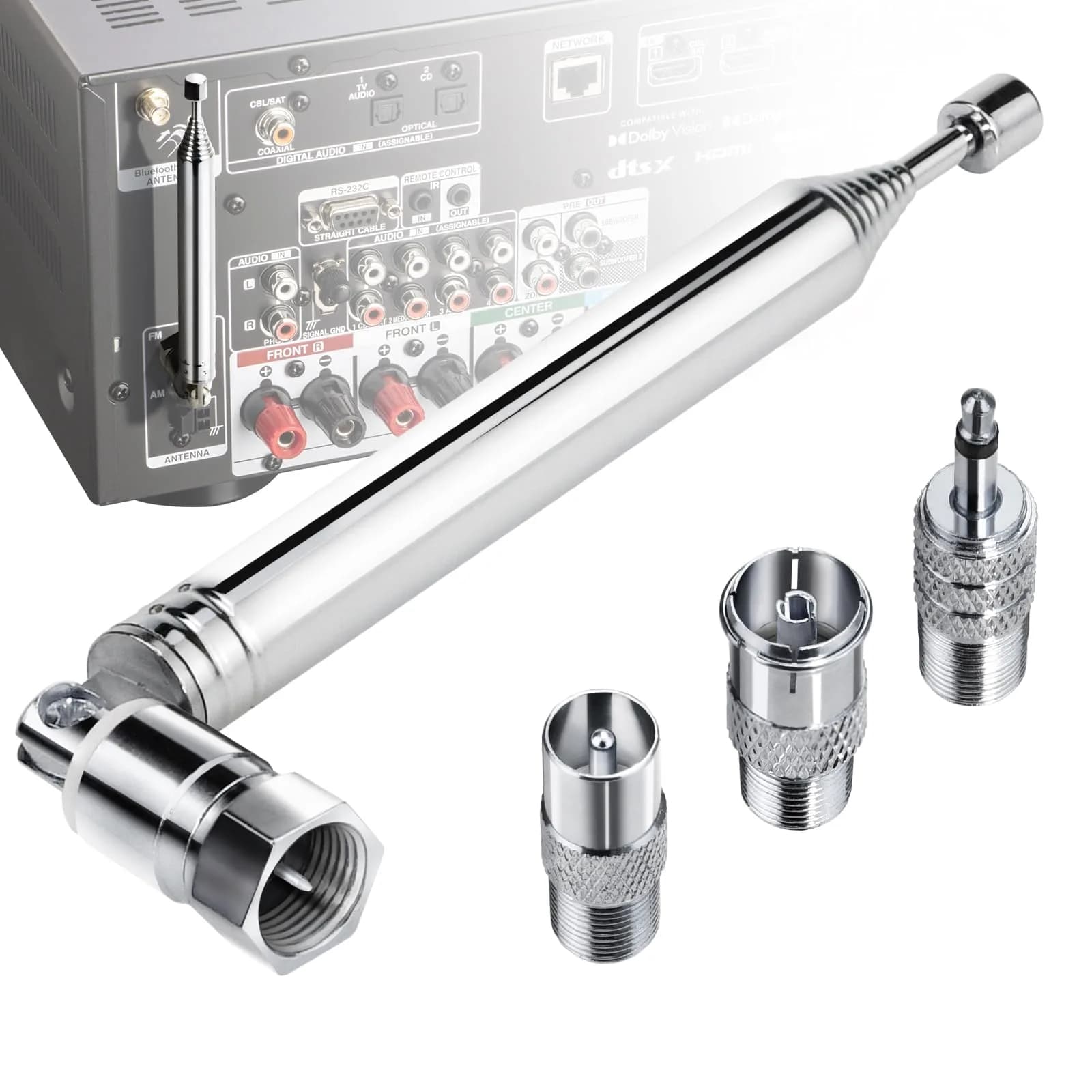Ancable Indoor FM Telescopic Antenna 75 Ohm F Type Male Plug Connector with Adapter, 10 Extension Sections | Improves FM Reception - main product image