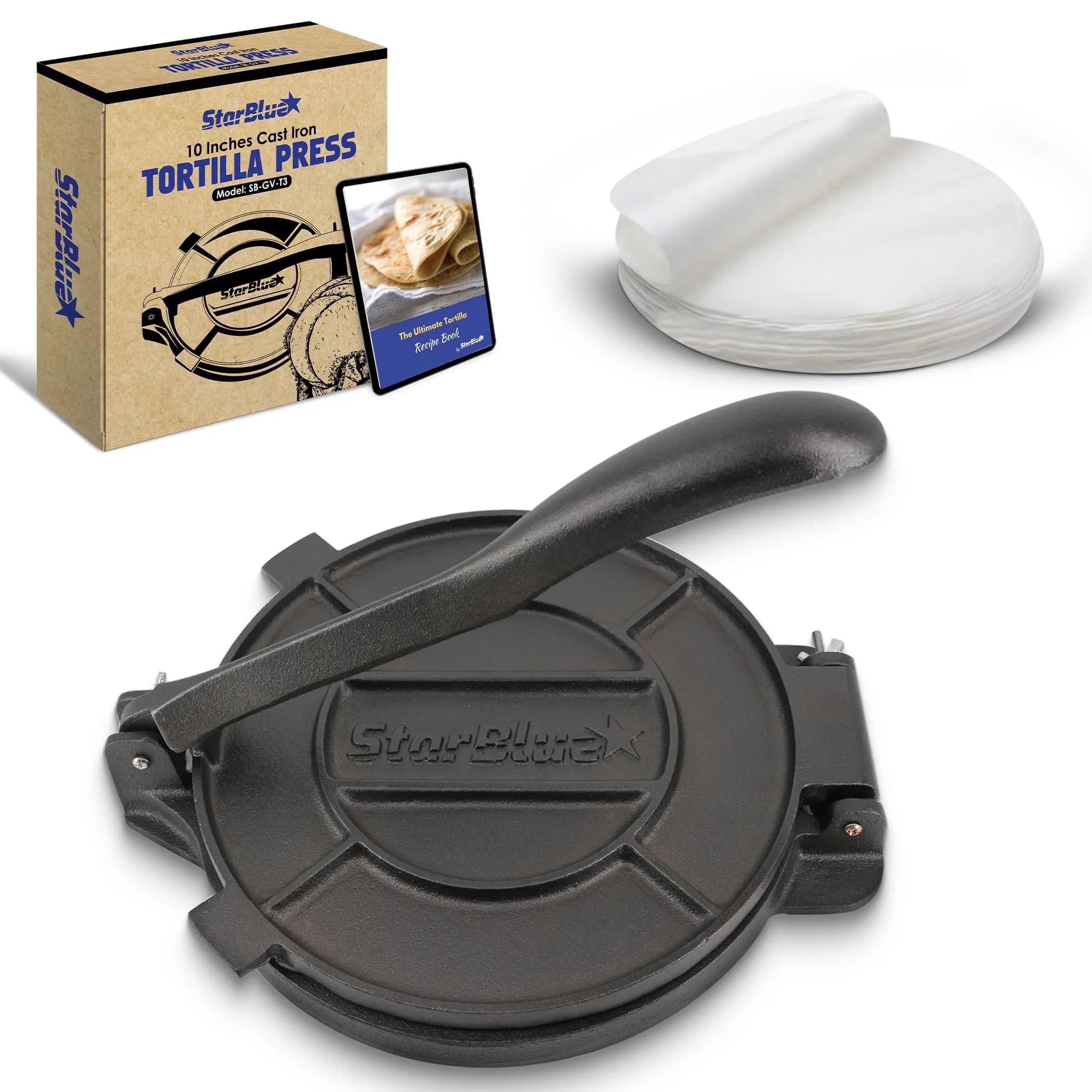 StarBlue 10 Inch Cast Iron Tortilla Press | 2.27 kg (5 lb) with 100 Oil Papers - main product image