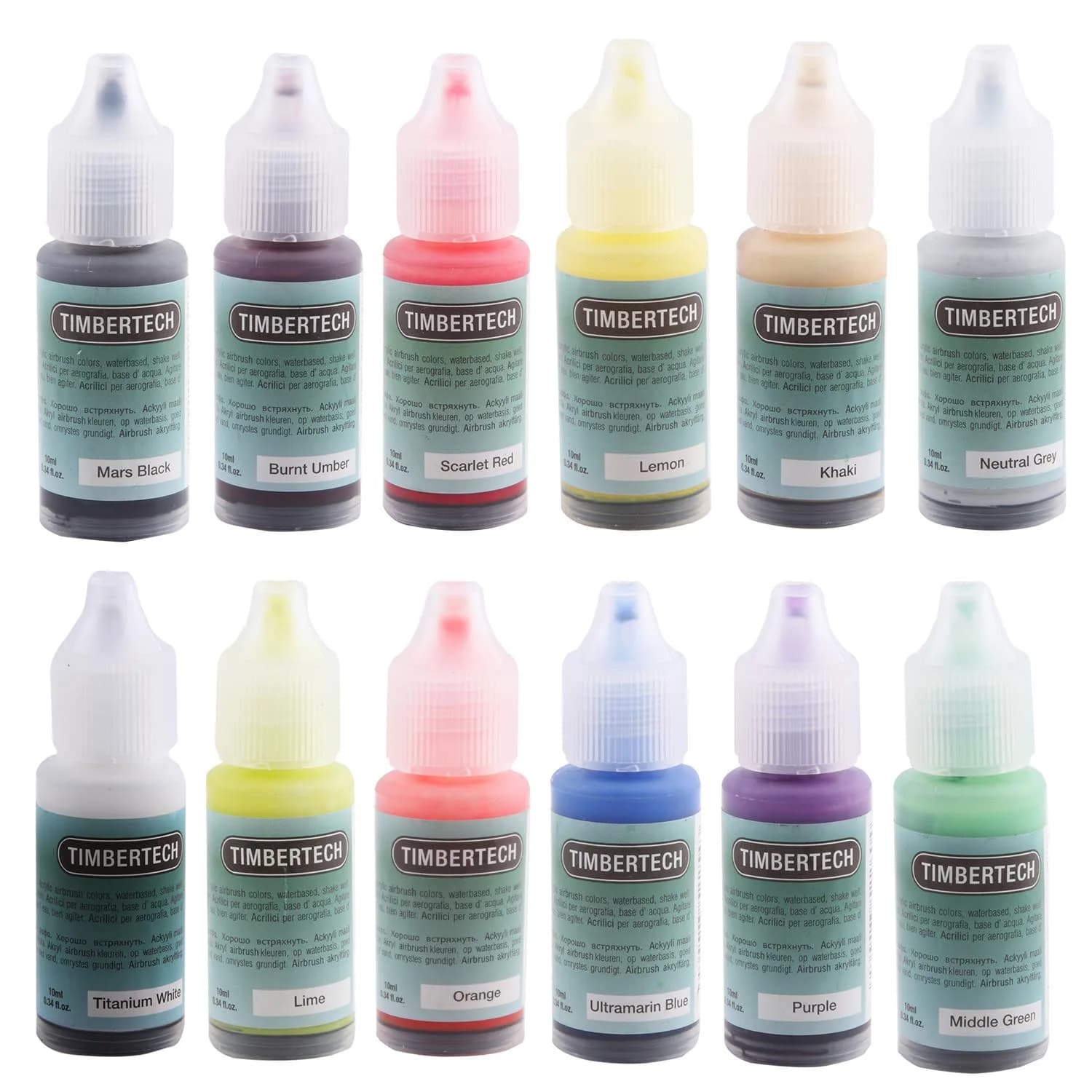 TIMBERTECH Acrylic Airbrush Paint Set 12x10ml (0.34 Fl Oz) | Professional Water-Based Vivid Colors for Artists, Students, Beginners - main product image