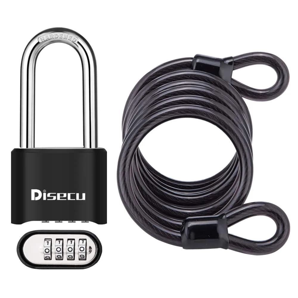 disecu Heavy Duty 4 Digit Combination Lock 2.5 Inch Long Shackle Waterproof Padlock with Steel Cable